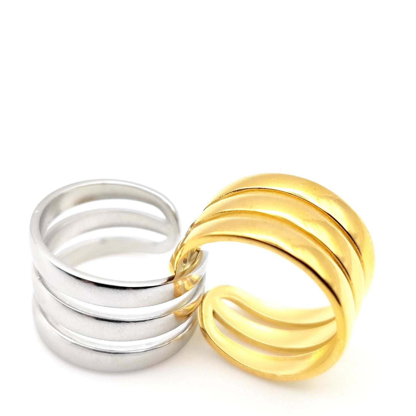 Three Rows Ring – Adjustable Polished Stainless Steel Statement Ring – Hypoallergenic & Waterproof -