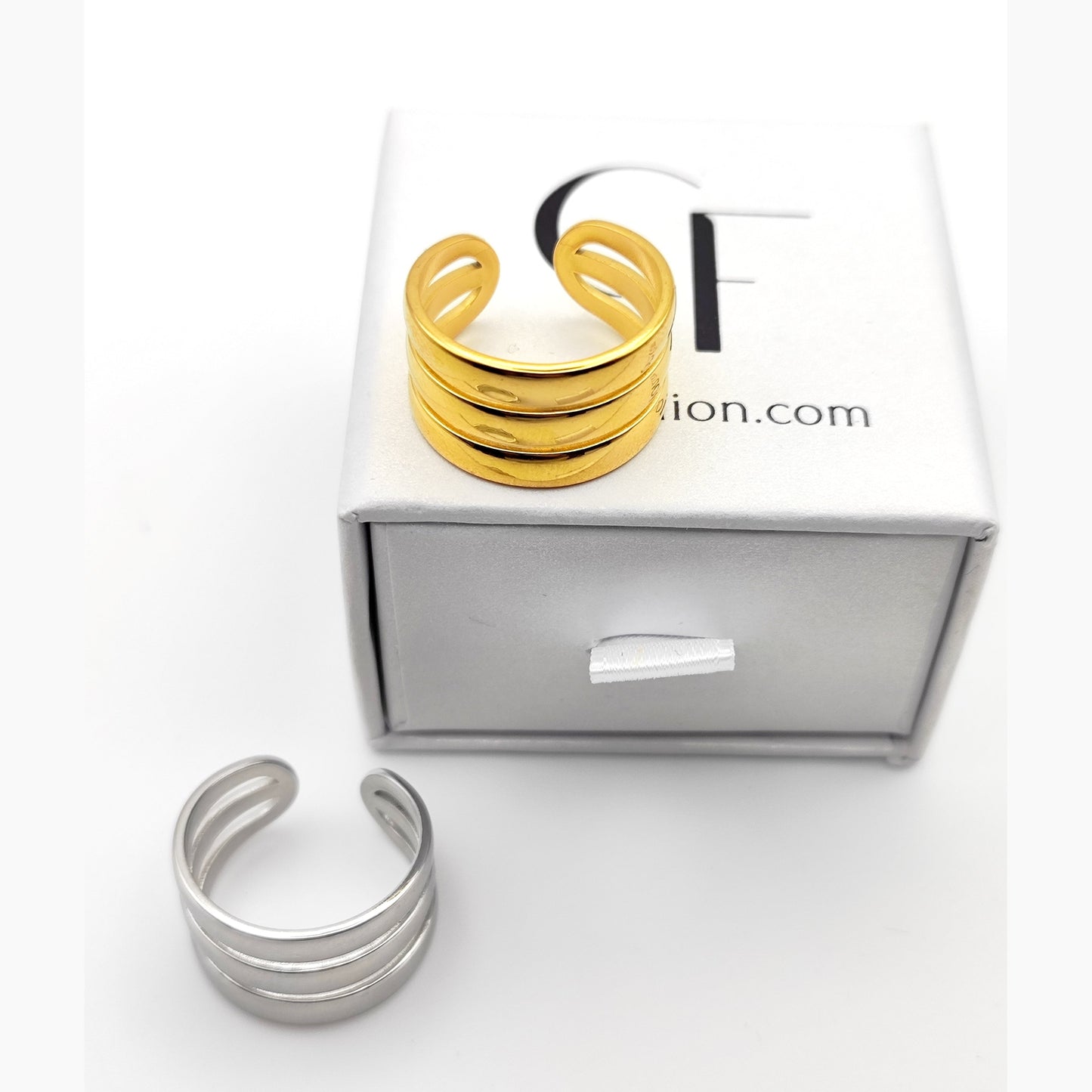 Three Rows Ring – Adjustable Polished Stainless Steel Statement Ring – Hypoallergenic & Waterproof - SSR 712 - CF fashion