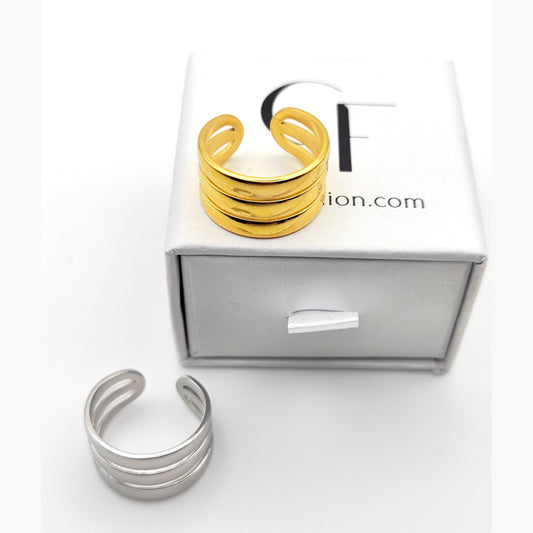 Three Rows Ring – Adjustable Polished Stainless Steel Statement Ring – Hypoallergenic & Waterproof - SSR 712 - CF fashion