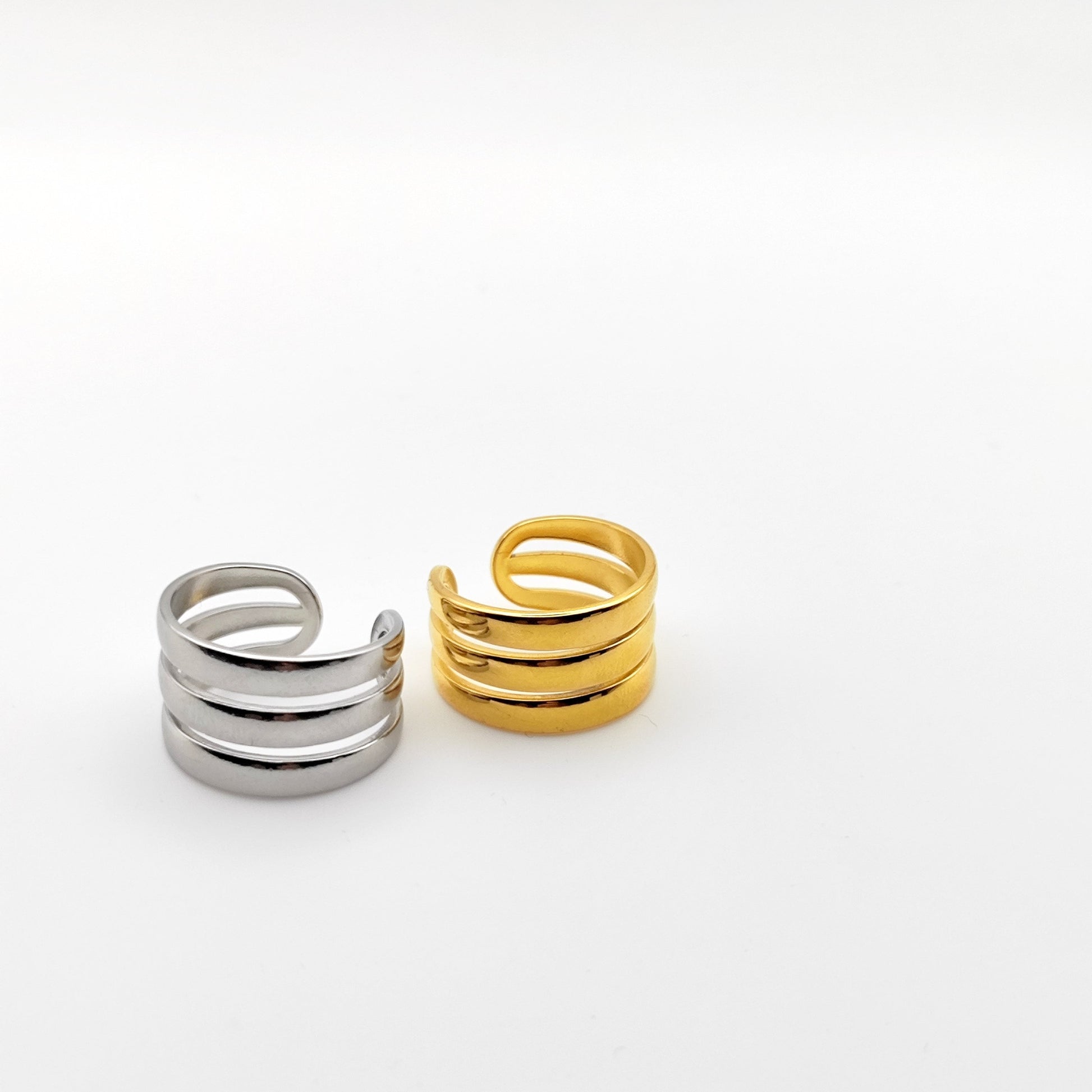 Three Rows Ring – Adjustable Polished Stainless Steel Statement Ring – Hypoallergenic & Waterproof -