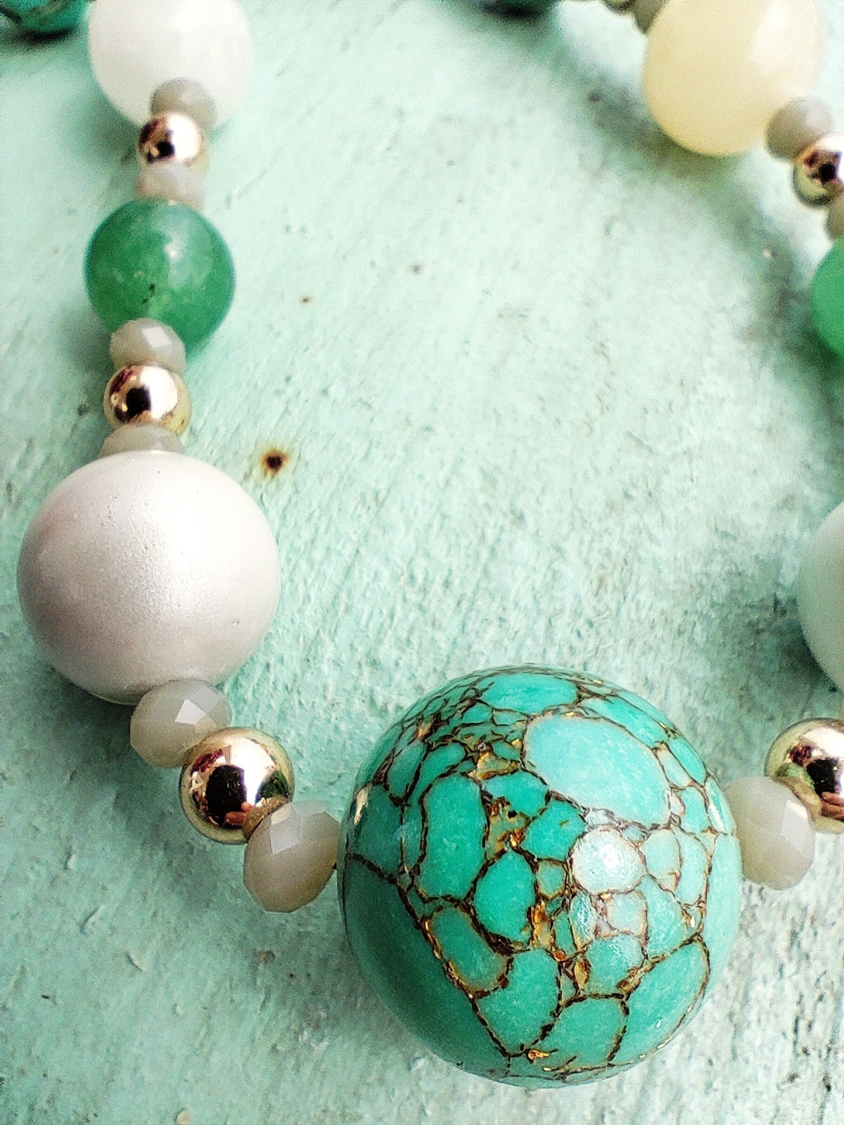 Handmade Natural Gemstone Necklace with Turquoise & Aventurine – 18k Gold-Plated Accents