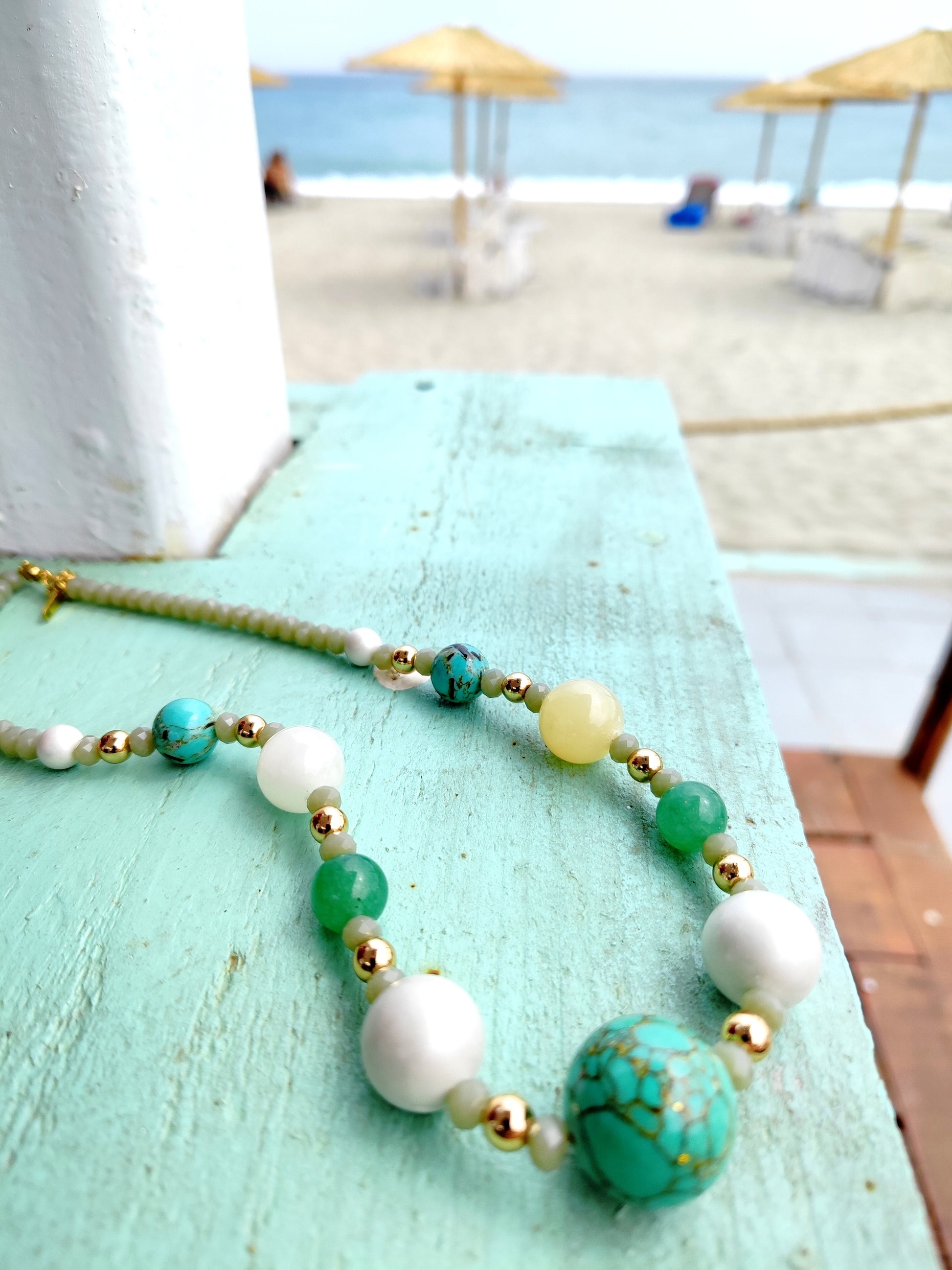 Handmade Natural Gemstone Necklace with Turquoise & Aventurine – 18k Gold-Plated Accents