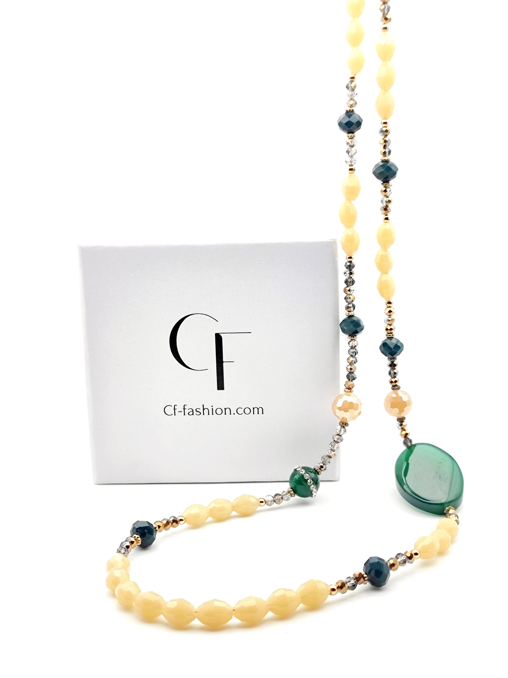 Long Green Aventurine, Caramel Crystal & Pyrite Necklace – Handmade & 18K Gold Plated