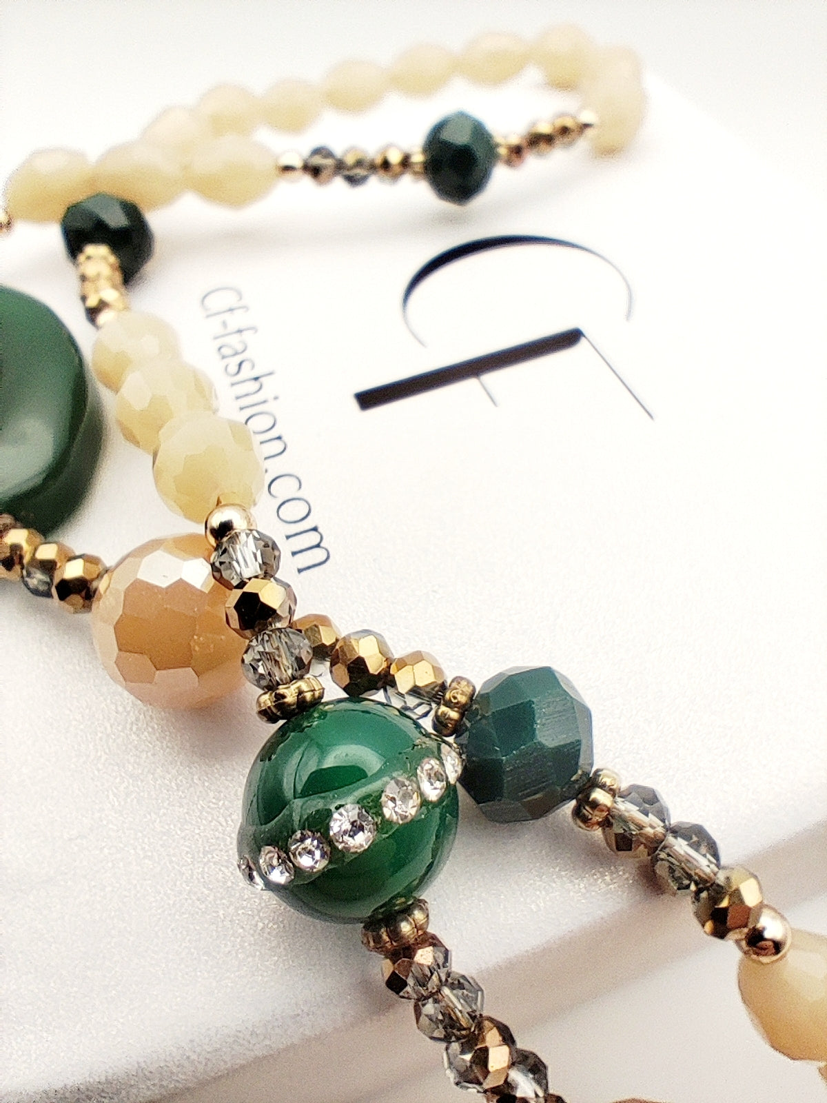 Long Green Aventurine, Caramel Crystal & Pyrite Necklace – Handmade & 18K Gold Plated