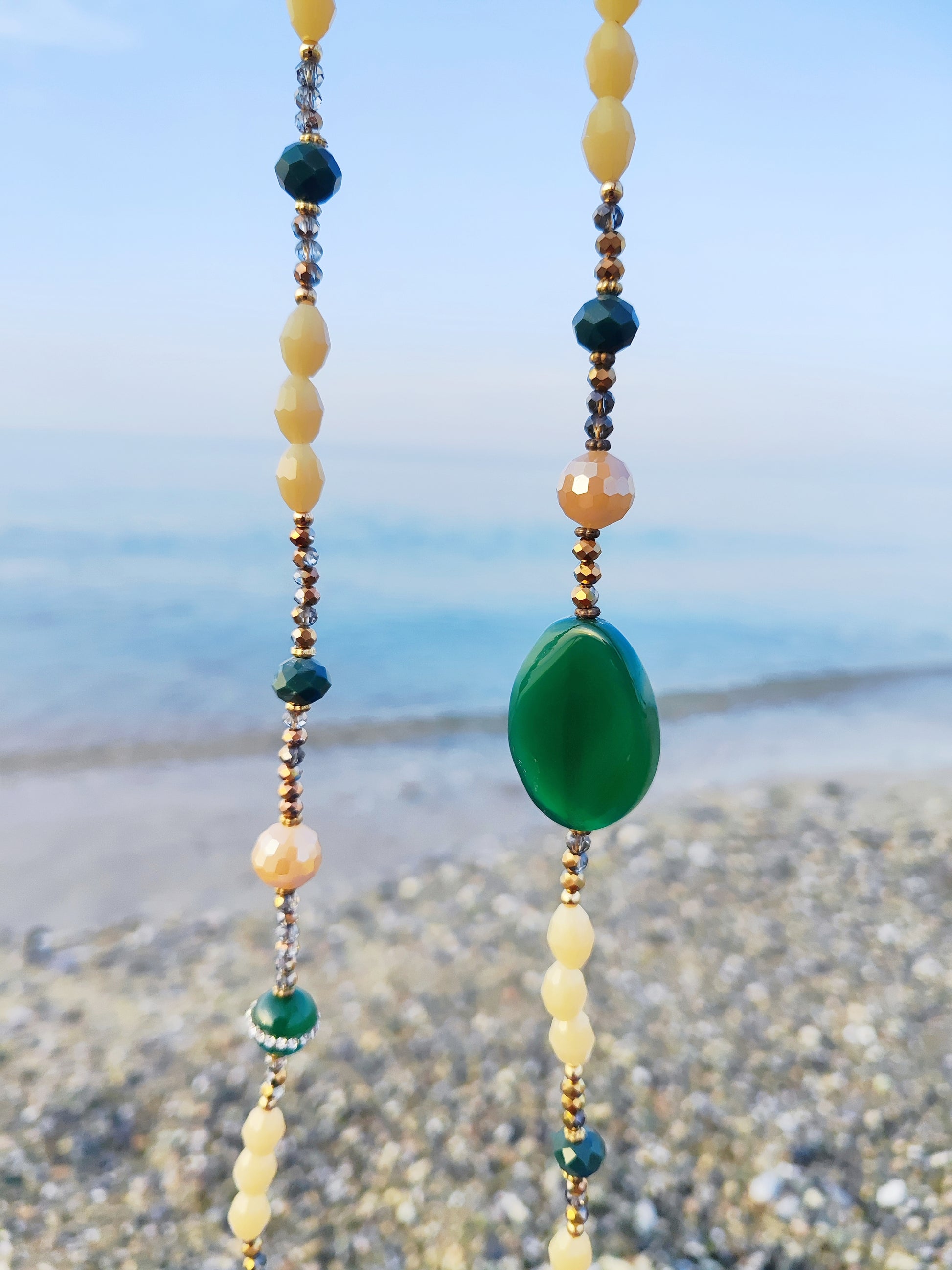 Long Green Aventurine, Caramel Crystal & Pyrite Necklace – Handmade & 18K Gold Plated