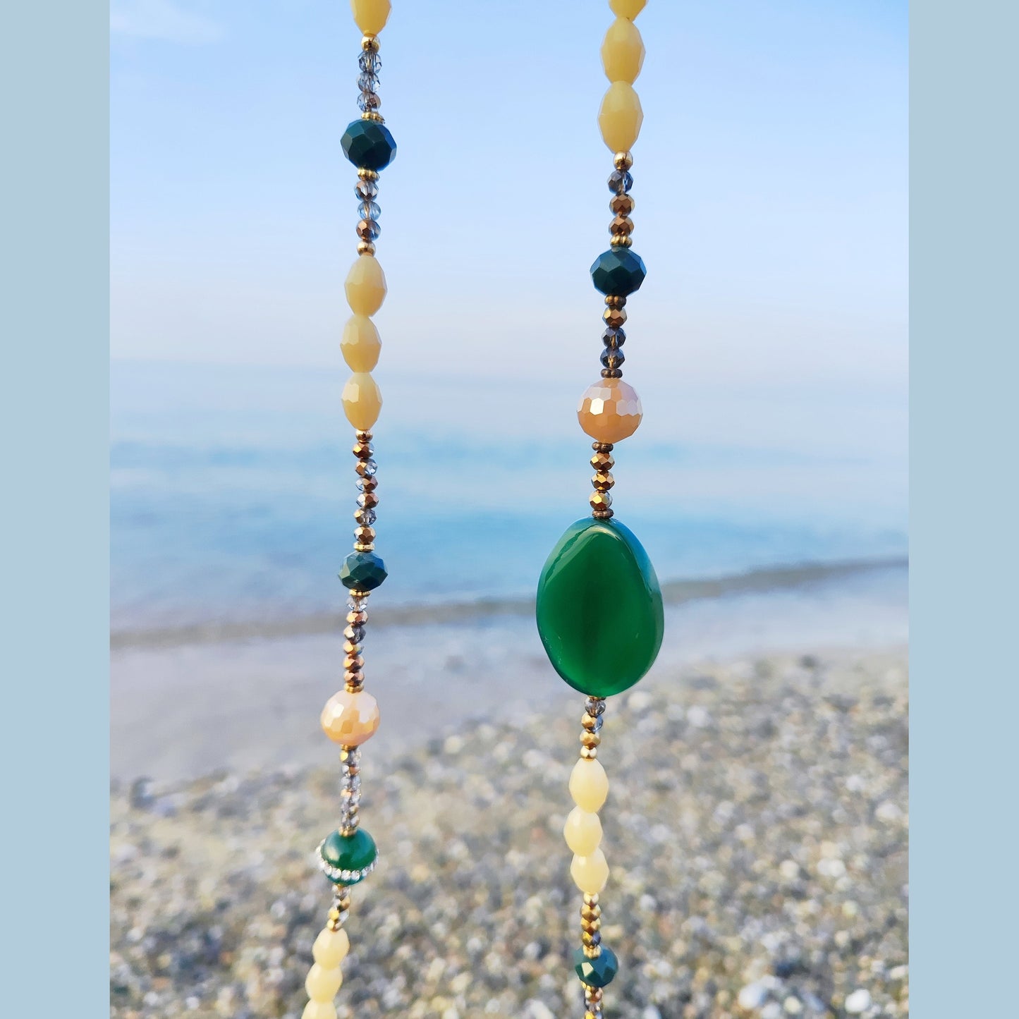Long Green Aventurine, Caramel Crystal & Pyrite Necklace – Handmade & 18K Gold Plated