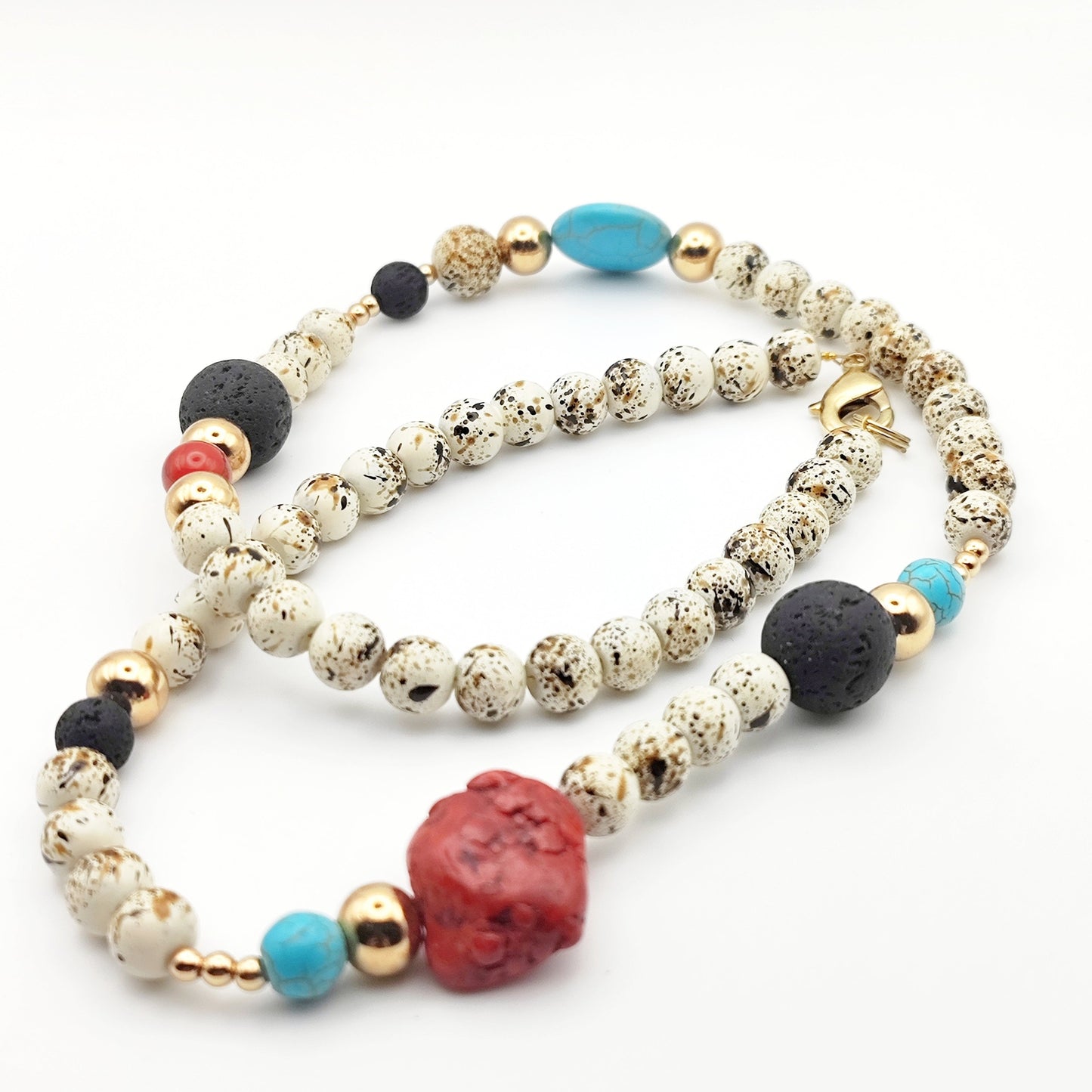 Handmade Natural Stone Necklace – Red Coral, Turquoise & Lava Beads – 18K Gold Plated & Hypoallergenic - HNSN 723 - -CF fashion