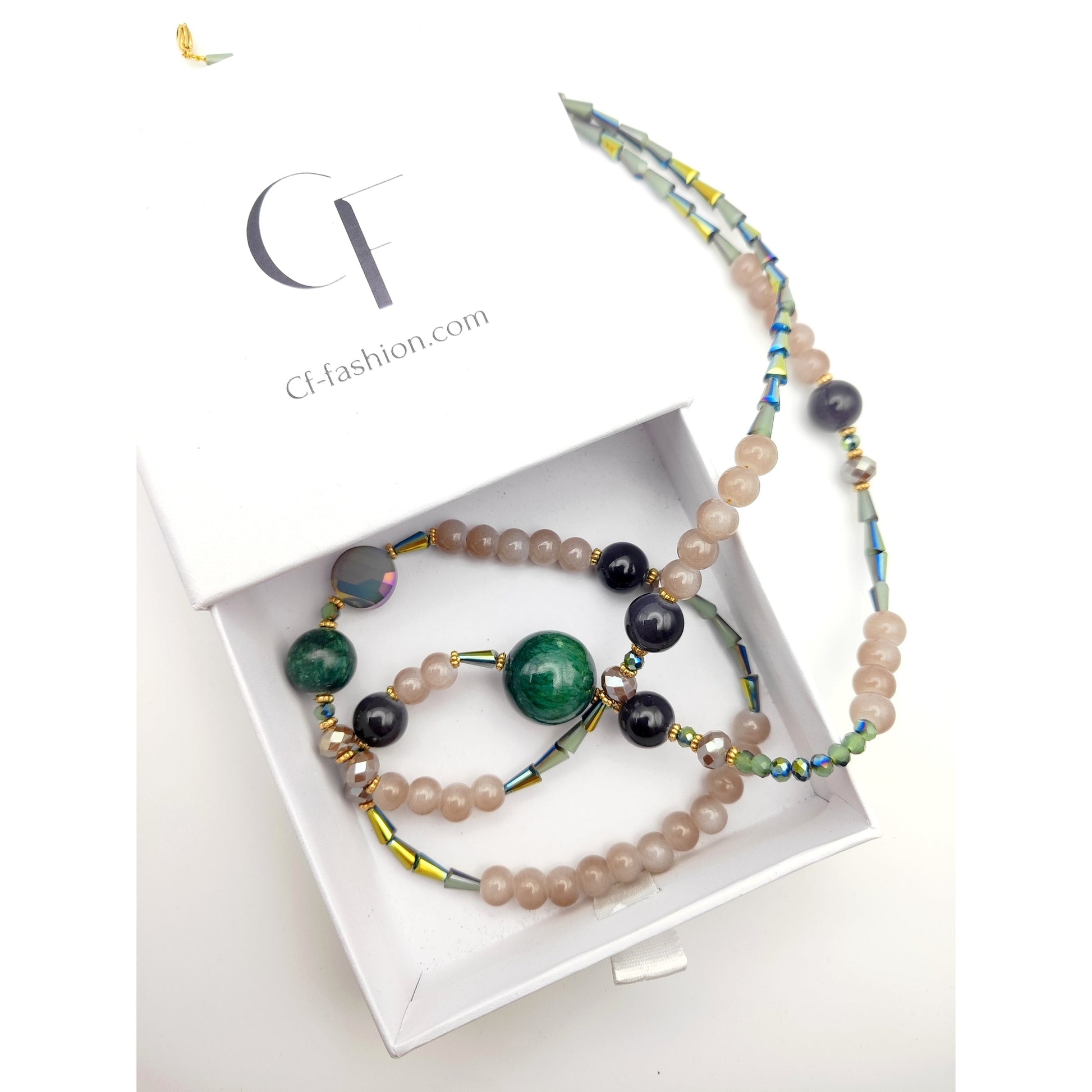 Handmade Semi-Precious Stone Necklace – Green Agate, Rose Quartz & Obsidian