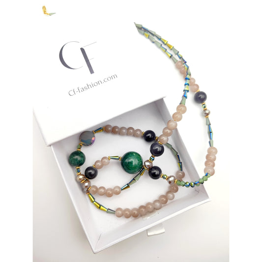 Handmade Semi-Precious Stone Necklace – Green Agate, Rose Quartz & Obsidian
