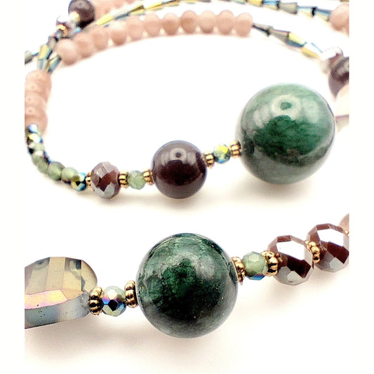 Handmade Semi-Precious Stone Necklace – Green Agate, Rose Quartz & Obsidian – K18 Gold Plated, Hypoallergenic - HNSN 726 - CF fashion