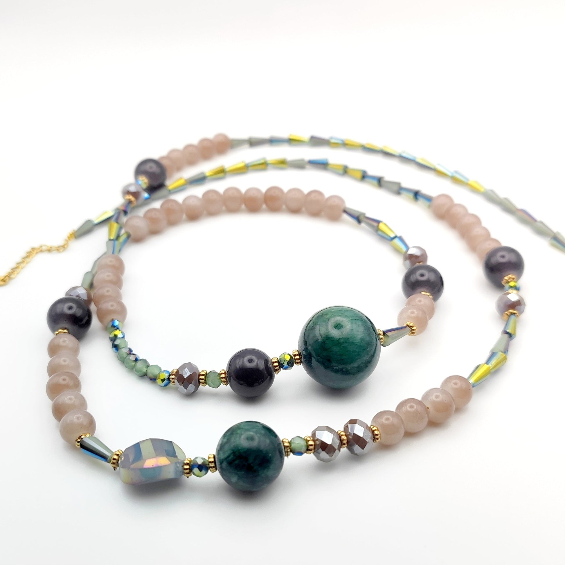Handmade Semi-Precious Stone Necklace – Green Agate, Rose Quartz & Obsidian