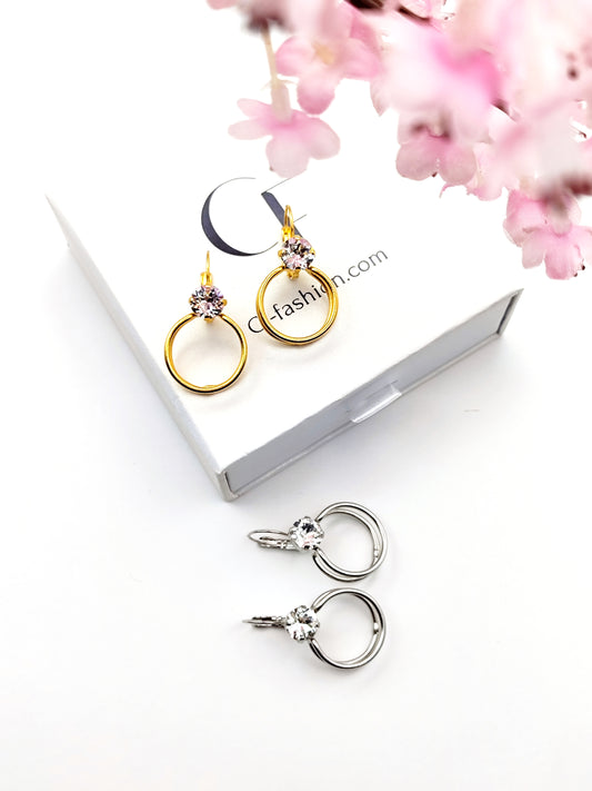 Gold double hoop earrings with Swarovski crystal, Greek hammered jewelry, available in gold, silver, and rose gold