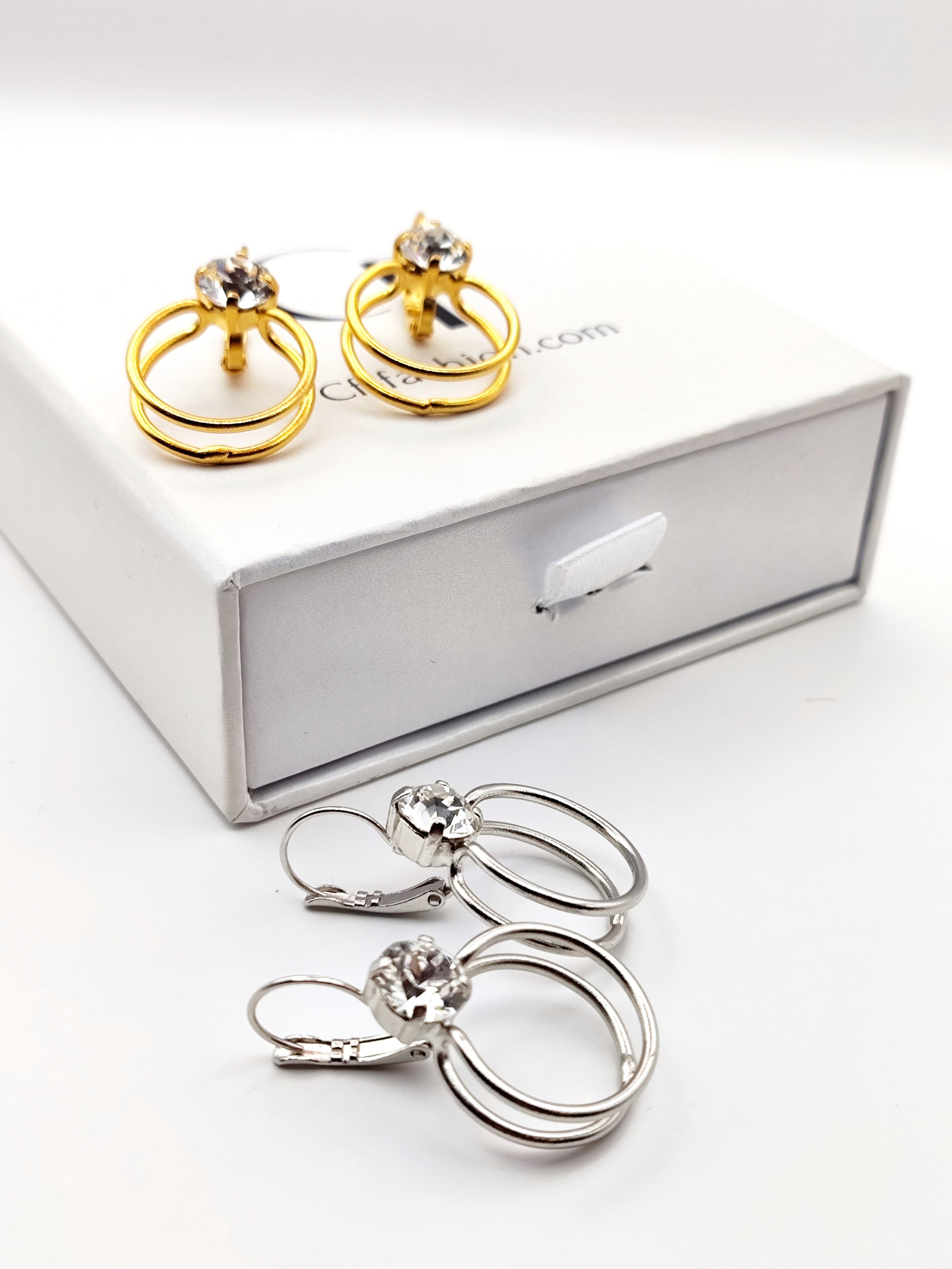 Gold double hoop earrings with Swarovski crystal, Greek hammered jewelry, available in gold, silver, and rose gold