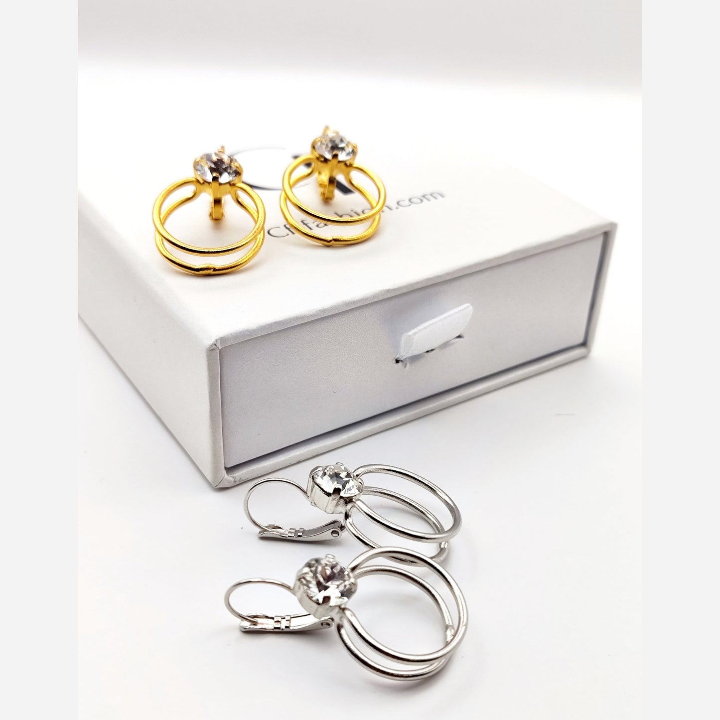Gold double hoop earrings with Swarovski crystal, Greek hammered jewelry, available in gold, silver, and rose gold