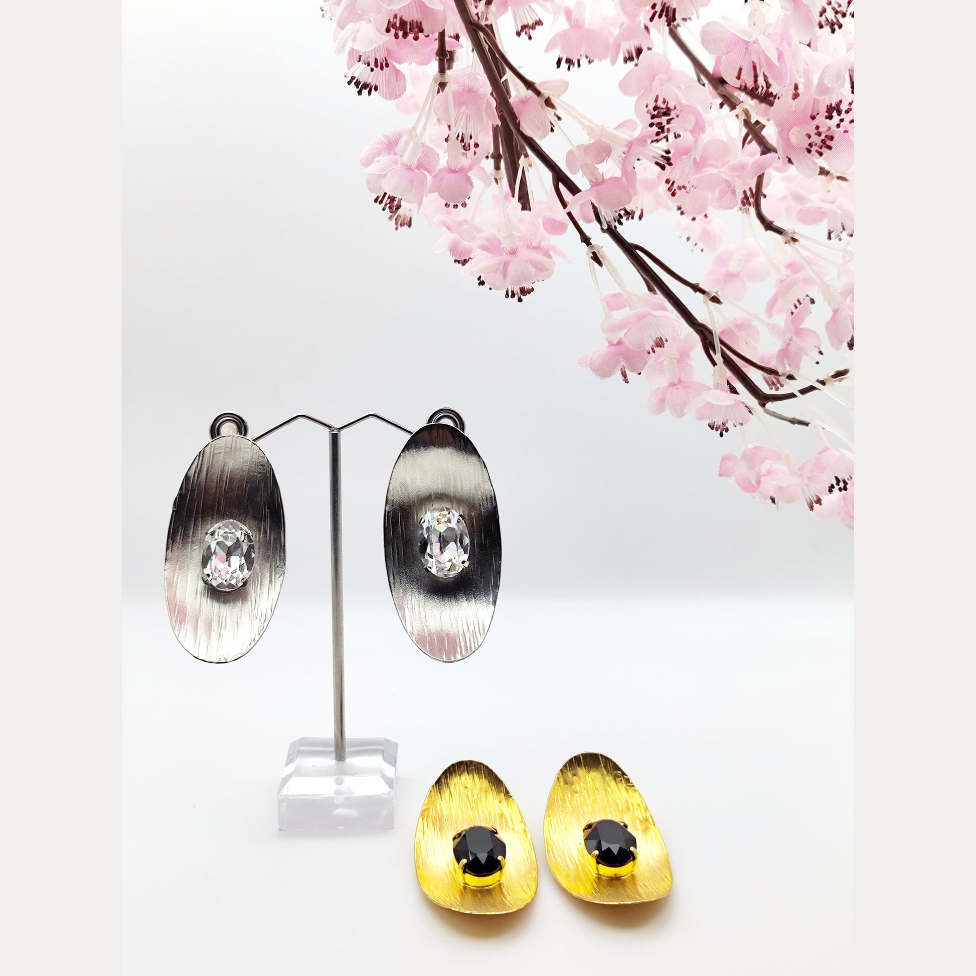 Aphrodite earrings, hammered oval design with crystals, Greek hammered jewelry, handmade, available in 18K gold plated, silver plated, or rose gold plated