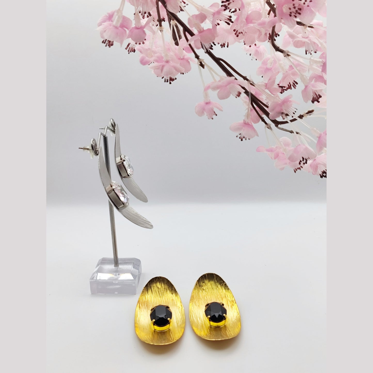 Aphrodite earrings, hammered oval design with crystals, Greek hammered jewelry, handmade, available in 18K gold plated, silver plated, or rose gold plated