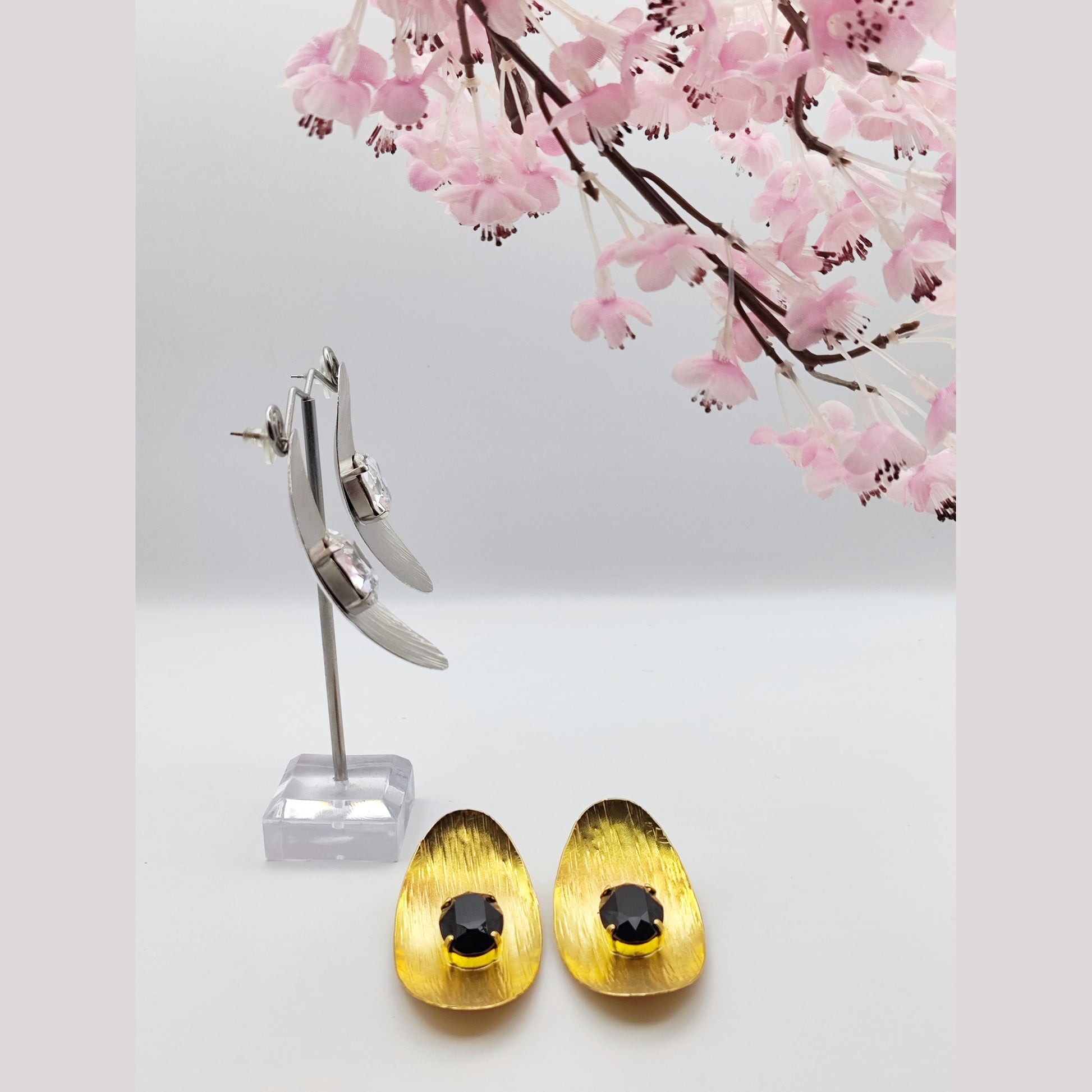 Aphrodite earrings, hammered oval design with crystals, Greek hammered jewelry, handmade, available in 18K gold plated, silver plated, or rose gold plated