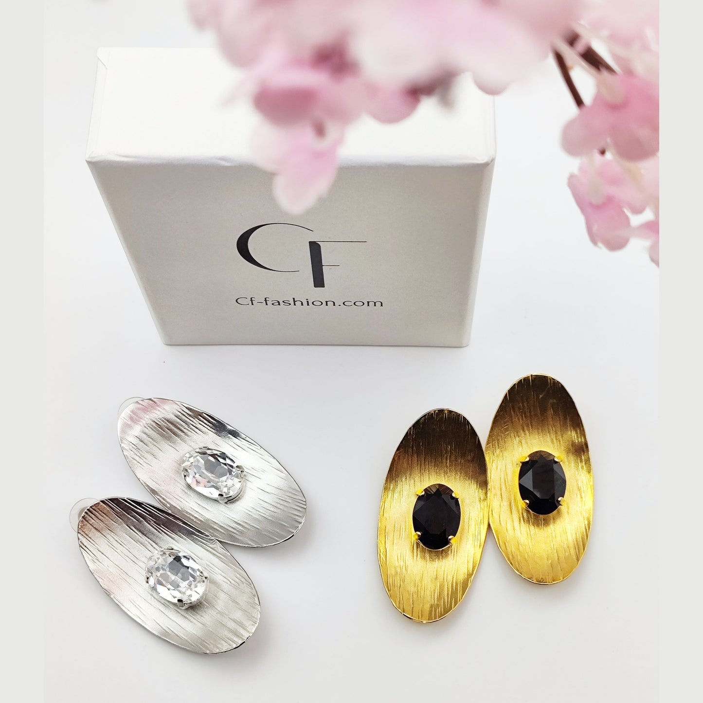 Aphrodite earrings, hammered oval design with crystals, Greek hammered jewelry, handmade, available in 18K gold plated, silver plated, or rose gold plated