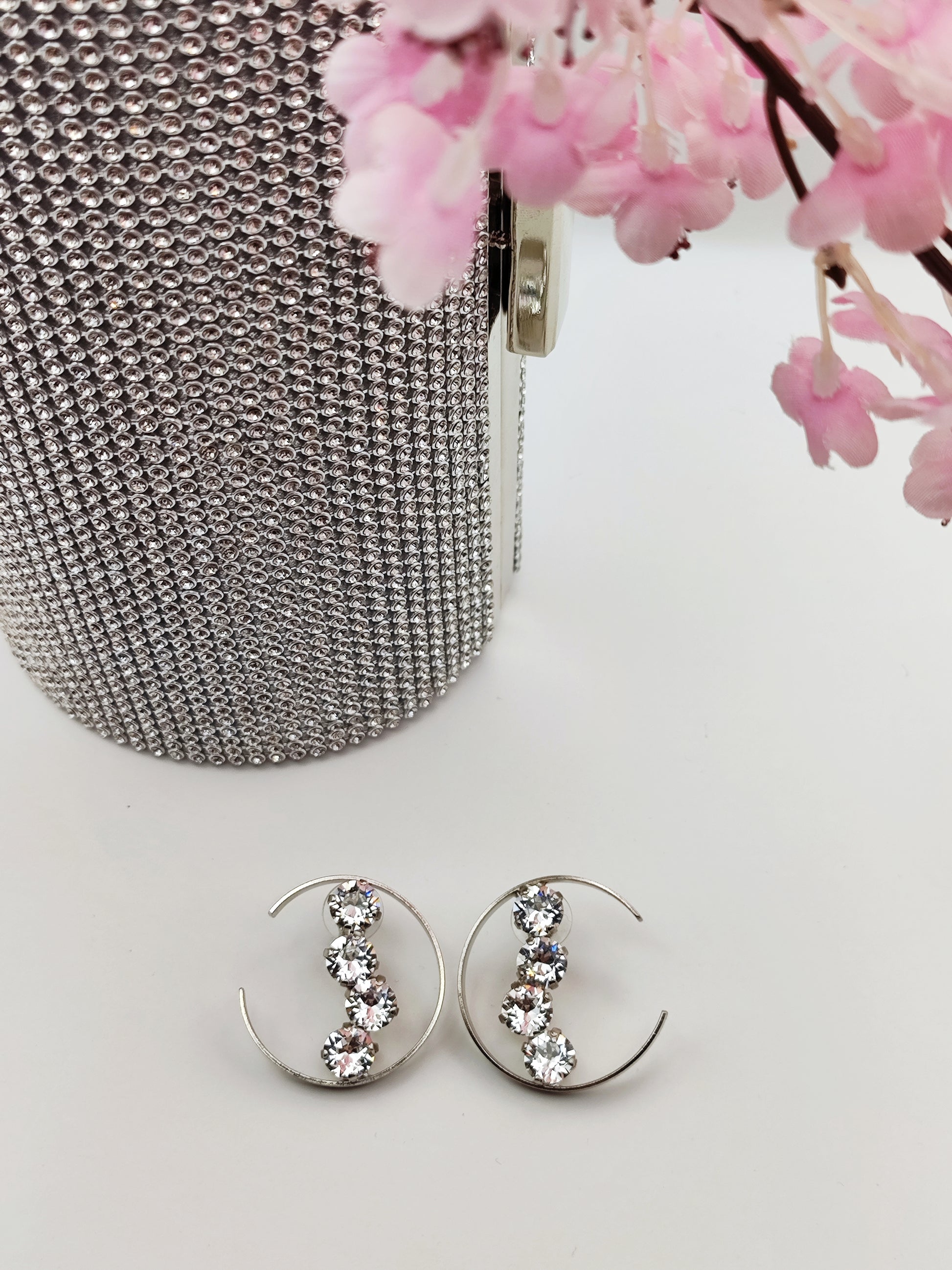 asteria earrings greek hammered jewelry 18k gold or silver plated with clear crystal crescent design