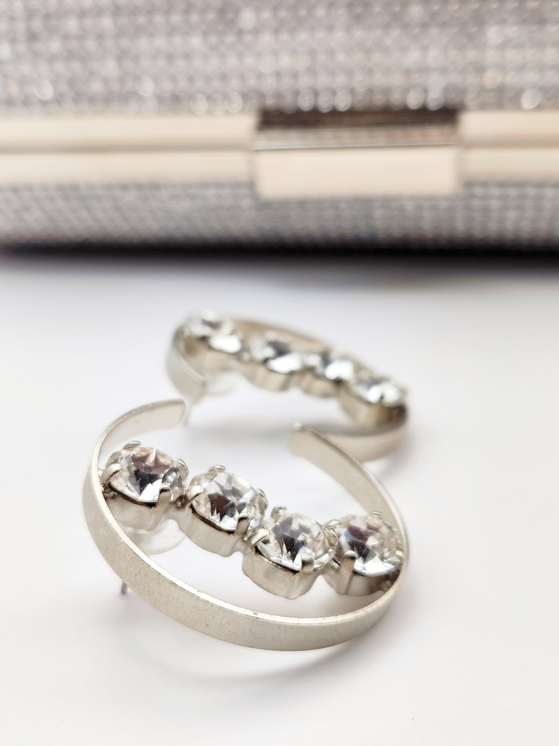 asteria earrings greek hammered jewelry 18k gold or silver plated with clear crystal crescent design