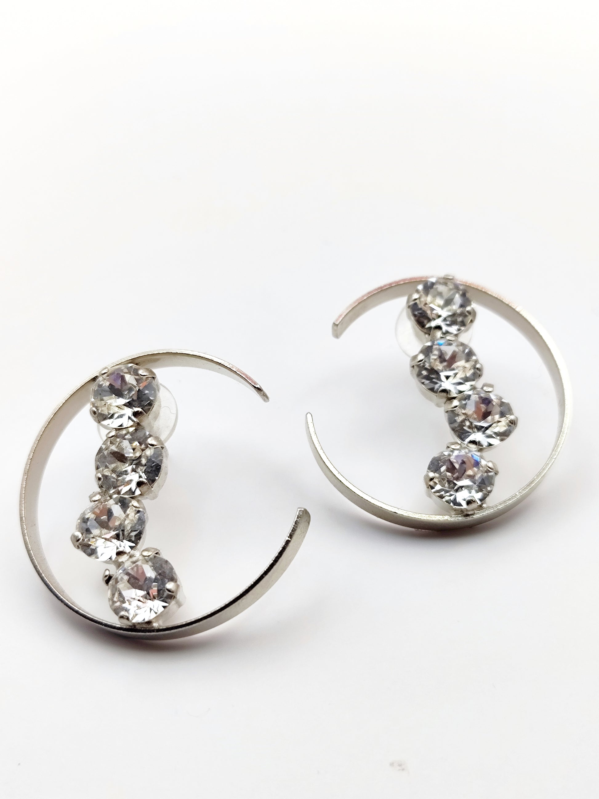 asteria earrings greek hammered jewelry 18k gold or silver plated with clear crystal crescent design