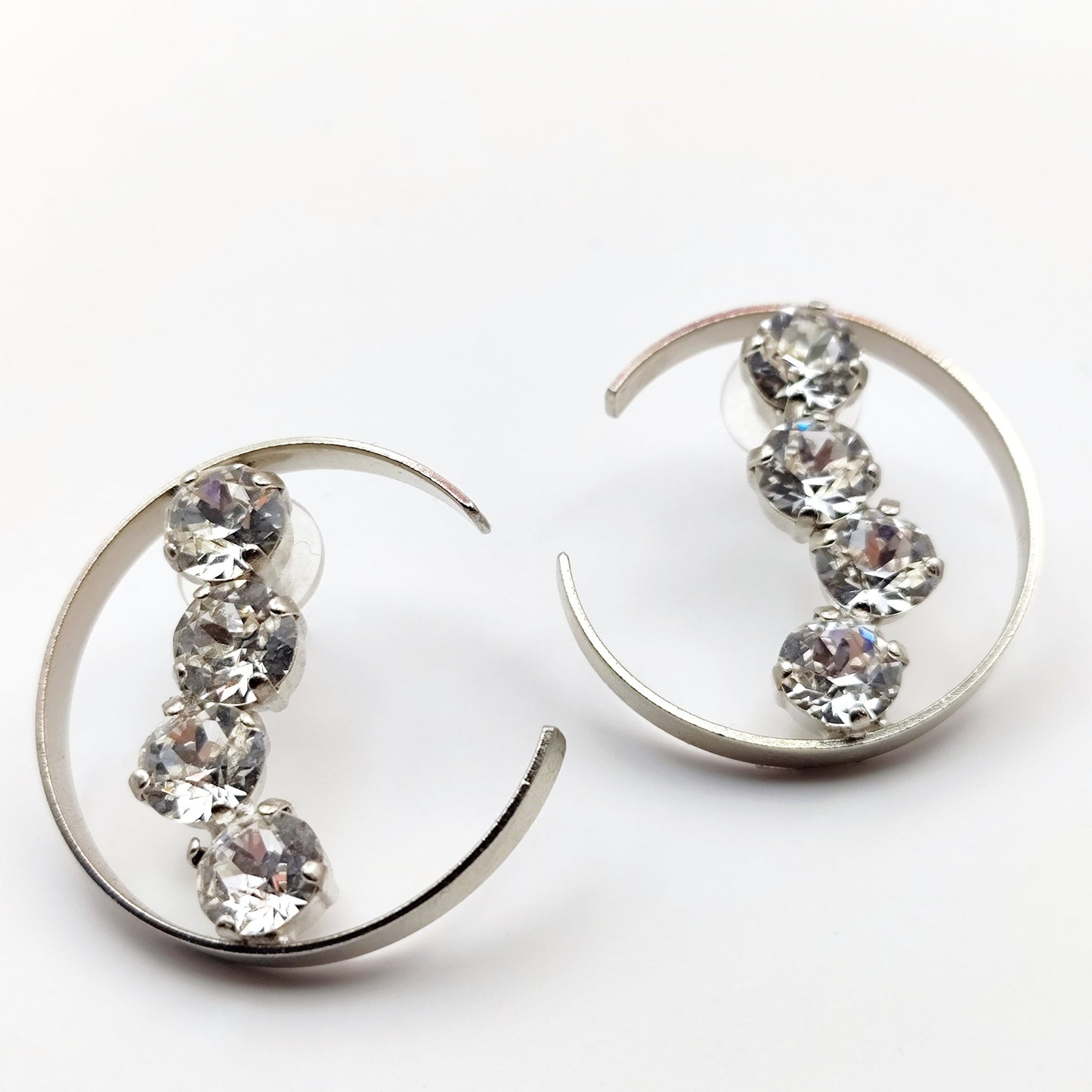 asteria earrings greek hammered jewelry 18k gold or silver plated with clear crystal crescent design