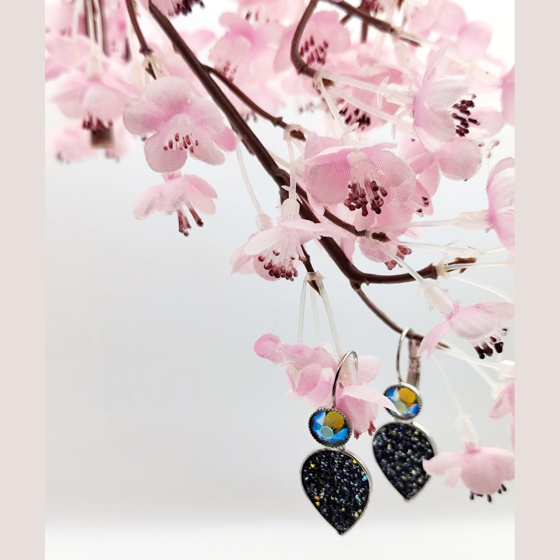 nyx earrings greek hammered jewelry 18k gold or silver plated with black glitter stone and iridescent crystal
