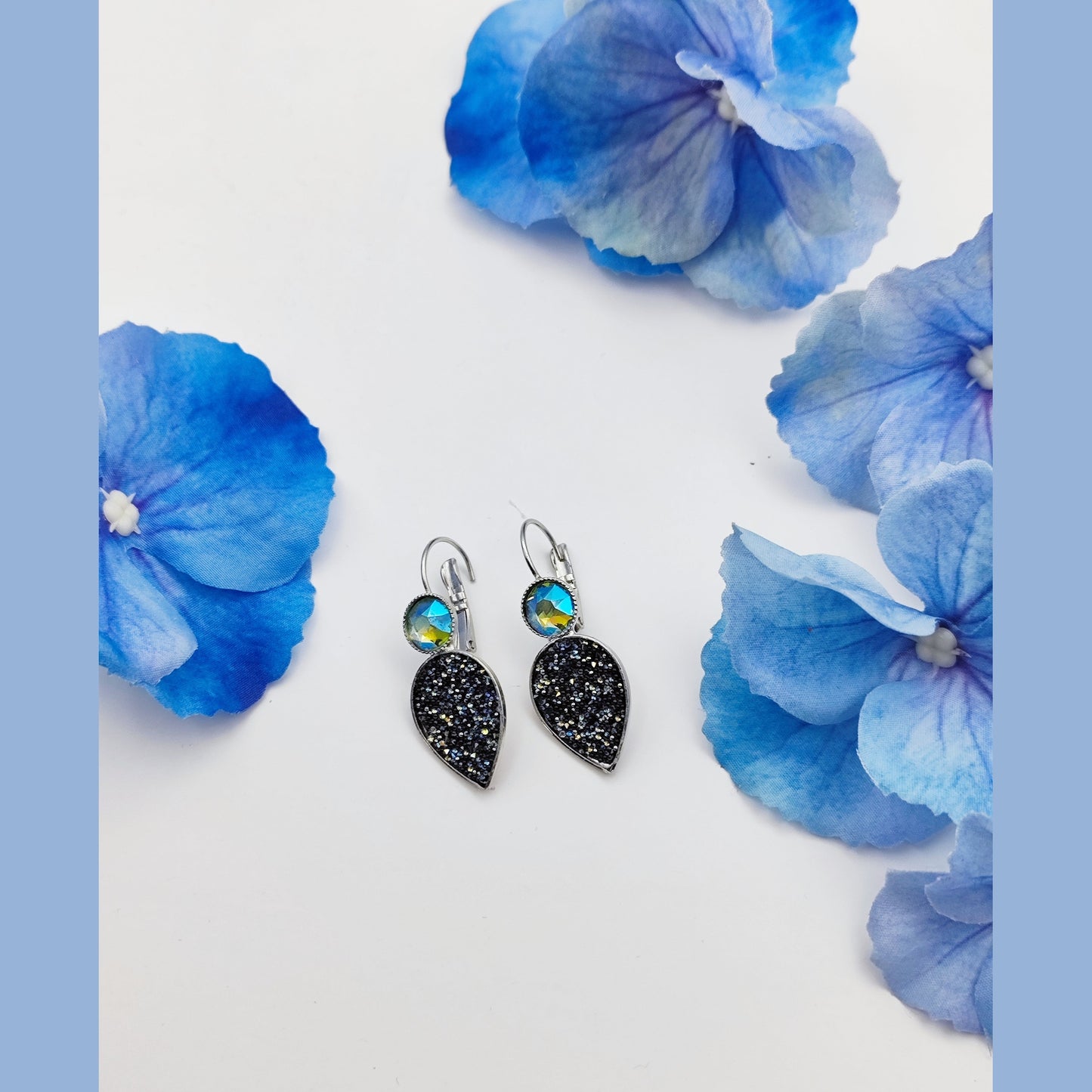 nyx earrings greek hammered jewelry 18k gold or silver plated with black glitter stone and iridescent crystal