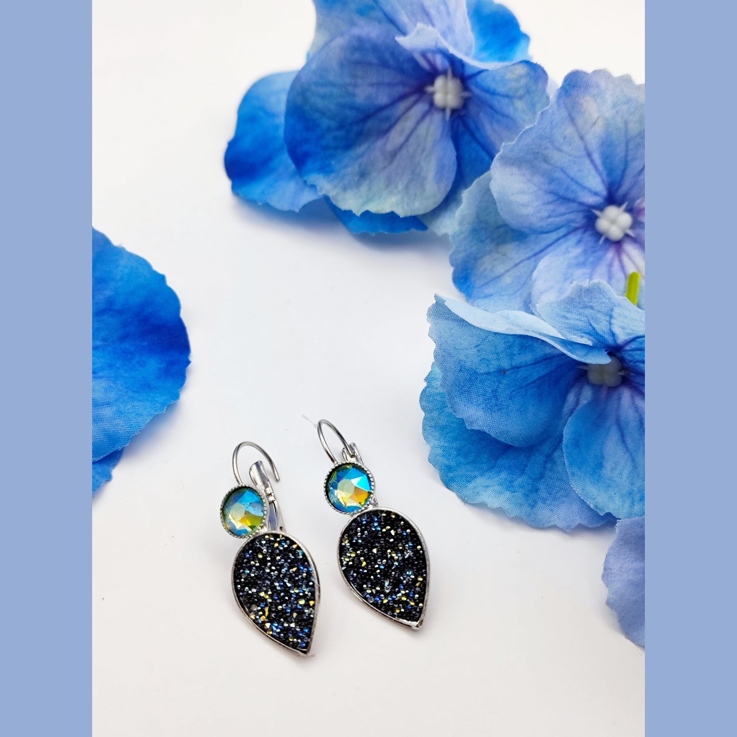 nyx earrings greek hammered jewelry 18k gold or silver plated with black glitter stone and iridescent crystal