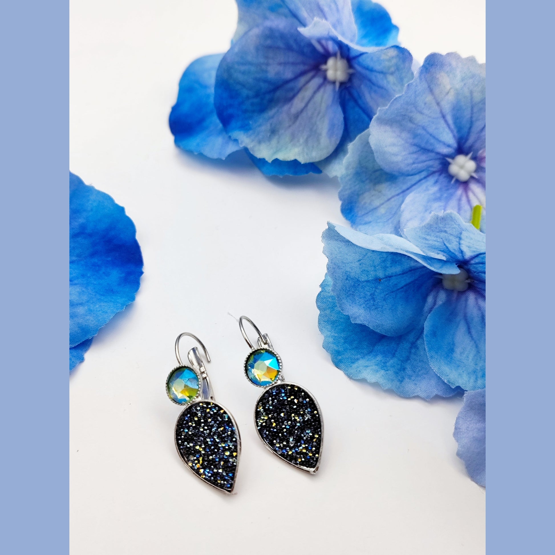 nyx earrings greek hammered jewelry 18k gold or silver plated with black glitter stone and iridescent crystal