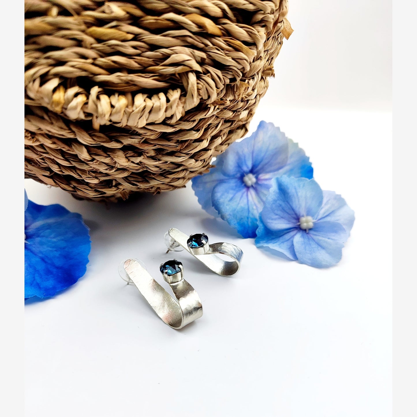 electra earrings greek hammered jewelry 18k gold or silver plated with blue or champagne crystal