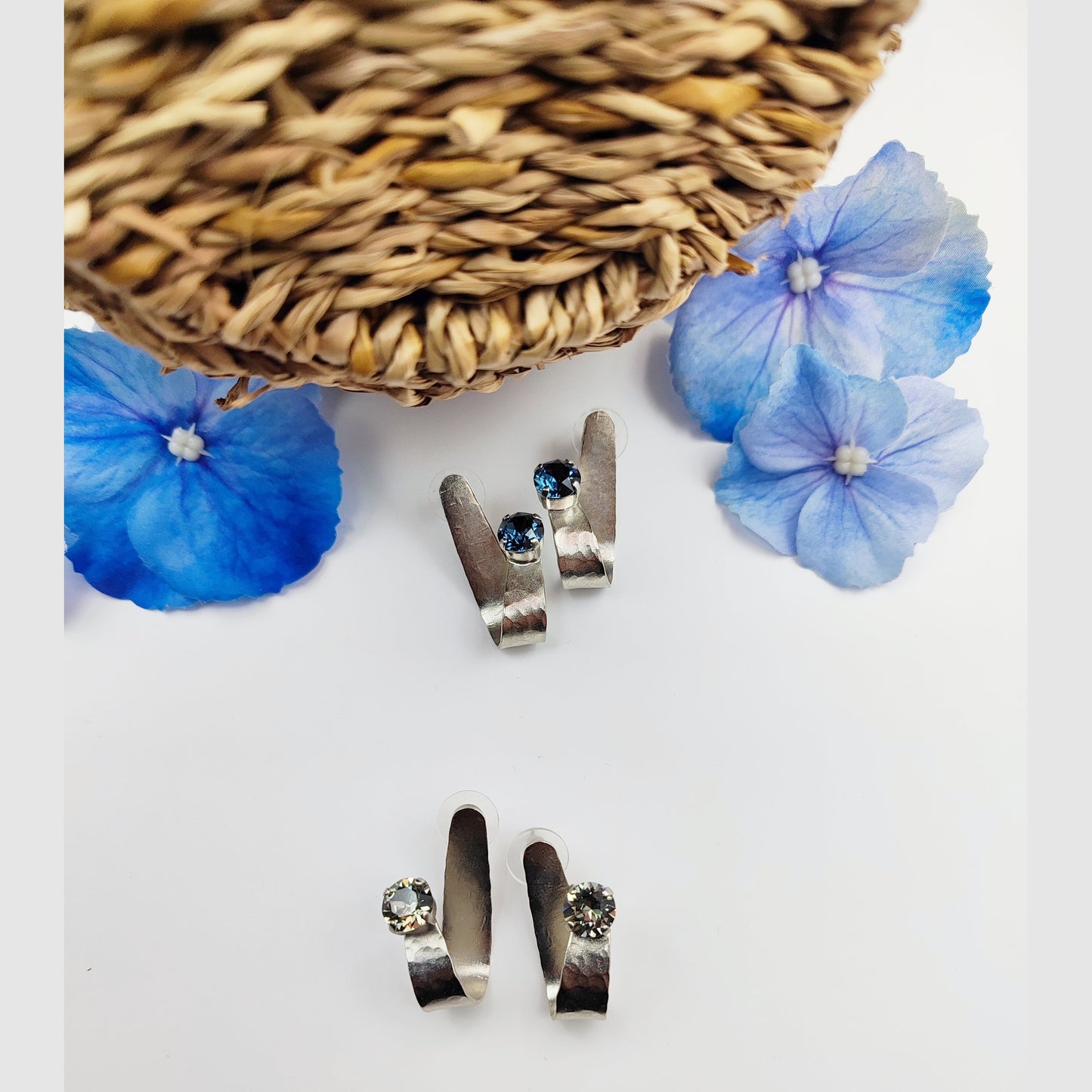 electra earrings greek hammered jewelry 18k gold or silver plated with blue or champagne crystal