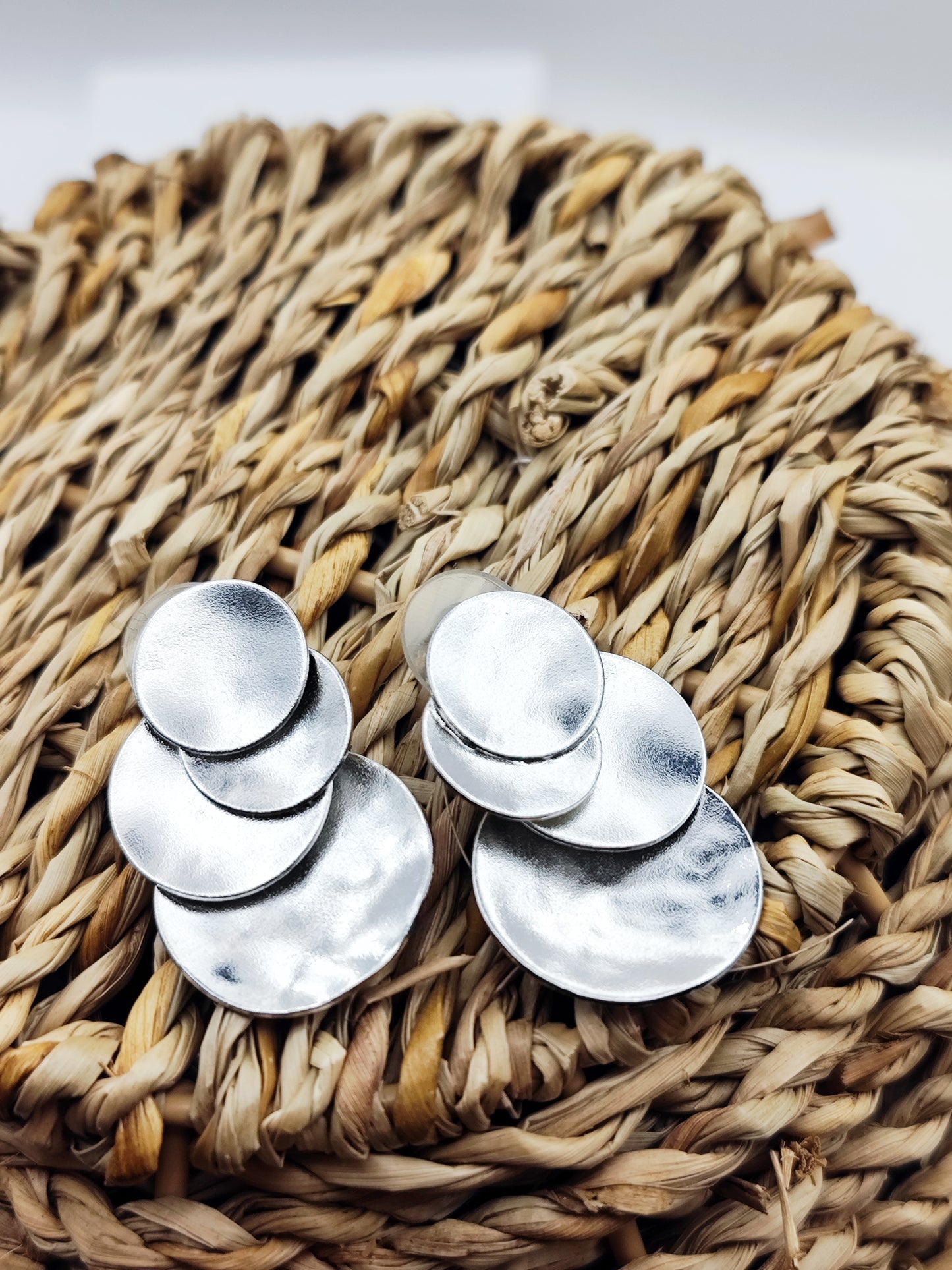 Ampelos earrings – Greek hammered jewelry in 18K gold plated, 18K silver plated, and rose gold plated. Handcrafted layered circular design inspired by the vine.