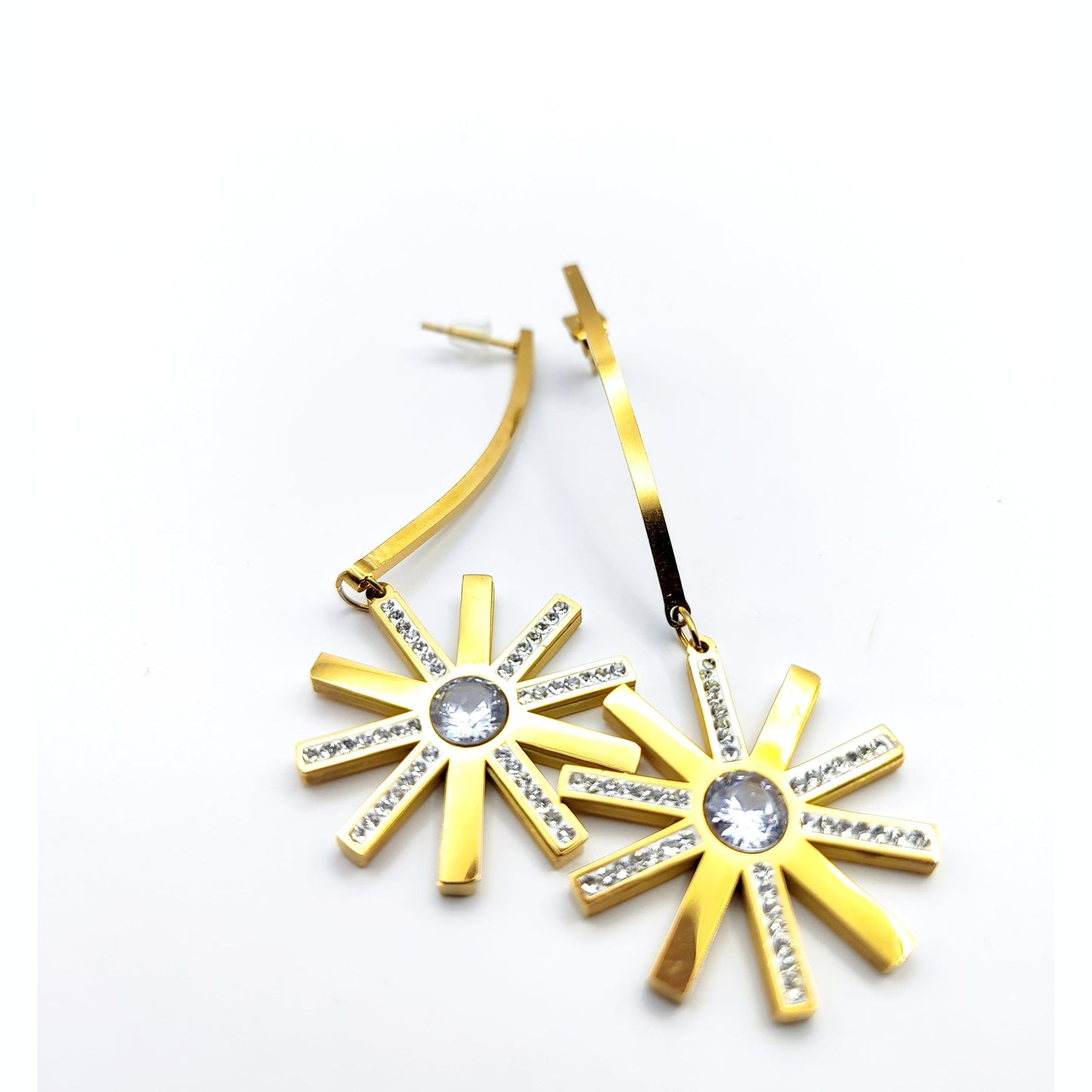 Starburst Curved Bar Dangle Earrings – Modern Stainless Steel, Hypoallergenic