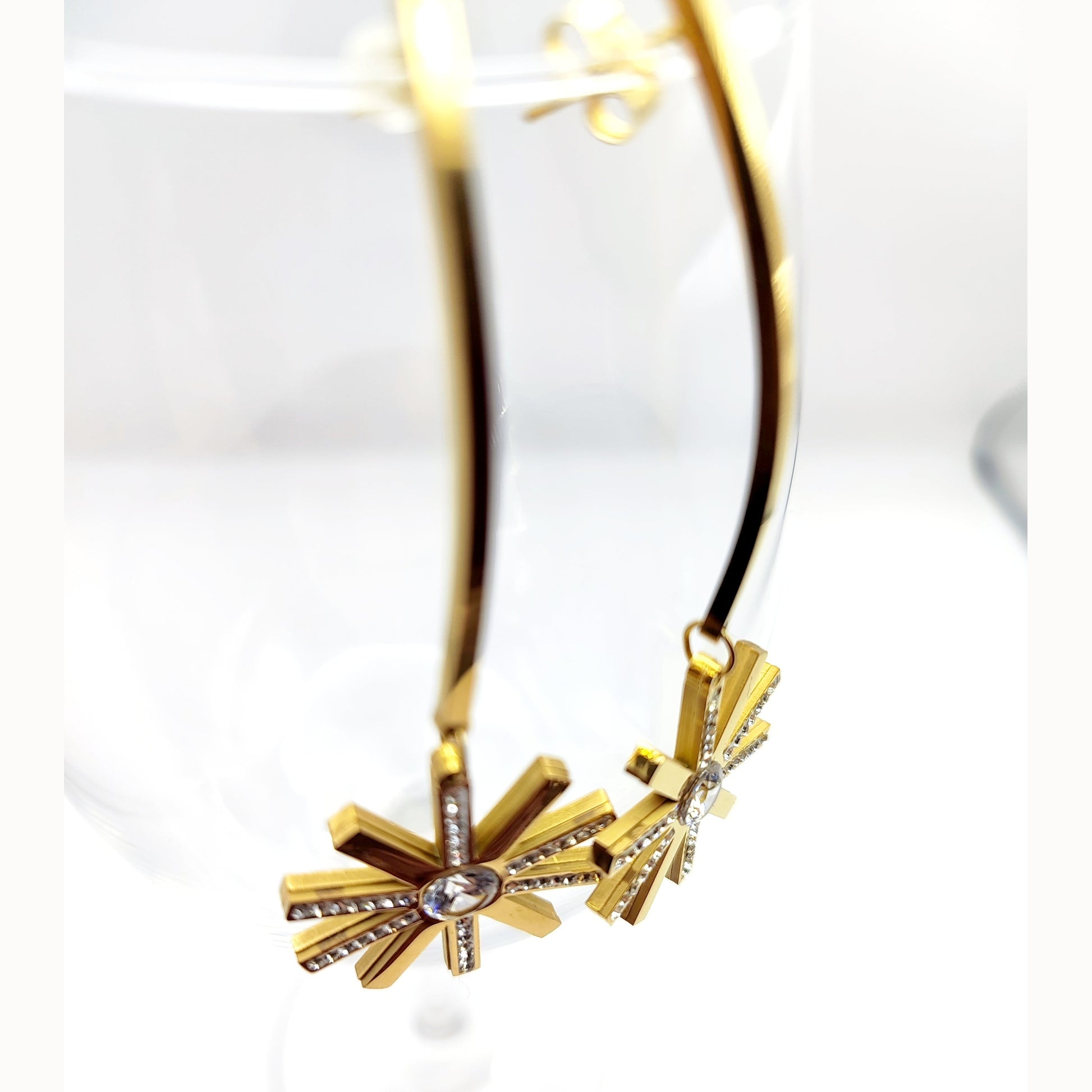 Starburst Curved Bar Dangle Earrings – Modern Stainless Steel, Hypoallergenic