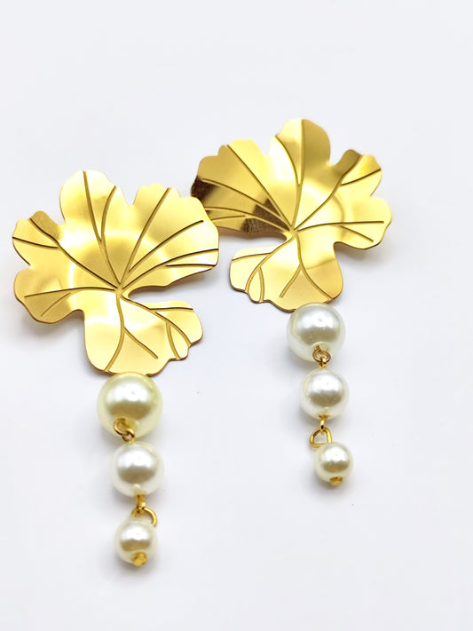 Geranium Leaf Pearl Drop Earrings – Nature-Inspired Stainless Steel, Hypoallergenic