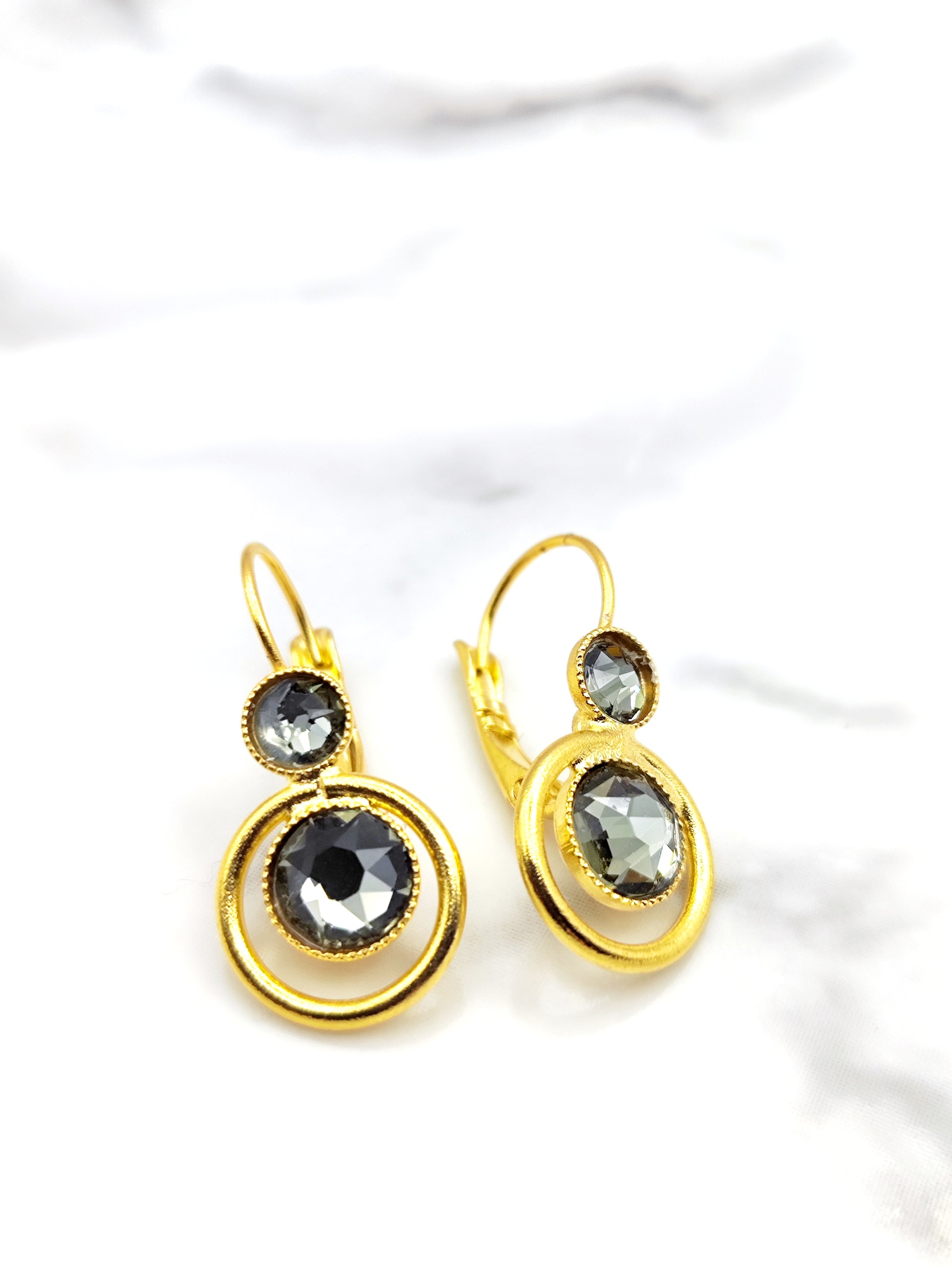 tinos earrings greek hammered jewelry 18k gold or silver plated with black crystal