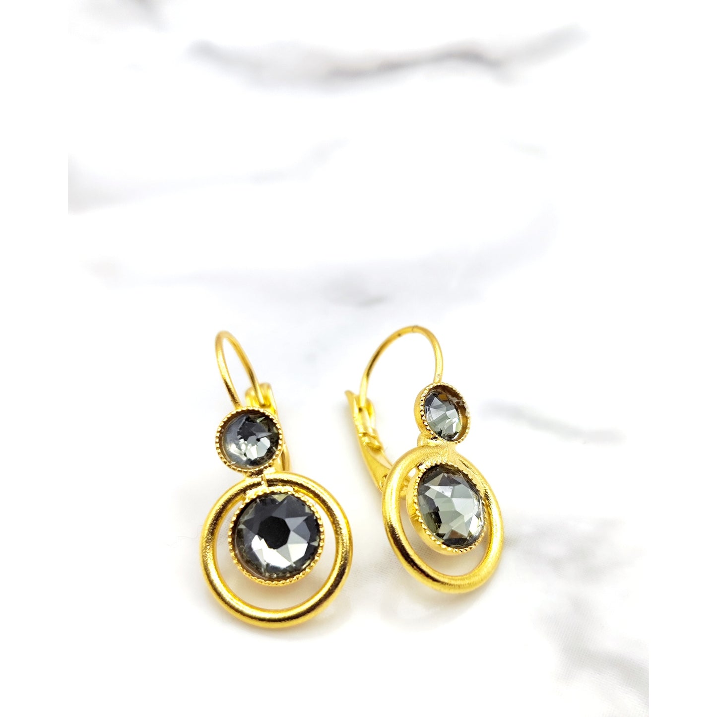 tinos earrings greek hammered jewelry 18k gold or silver plated with black crystal