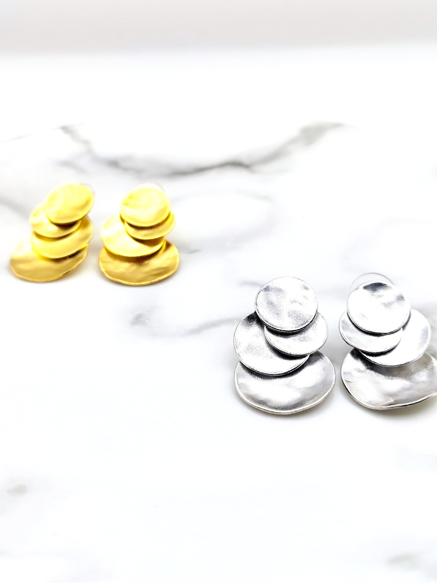 Ampelos earrings – Greek hammered jewelry in 18K gold plated, 18K silver plated, and rose gold plated. Handcrafted layered circular design inspired by the vine.