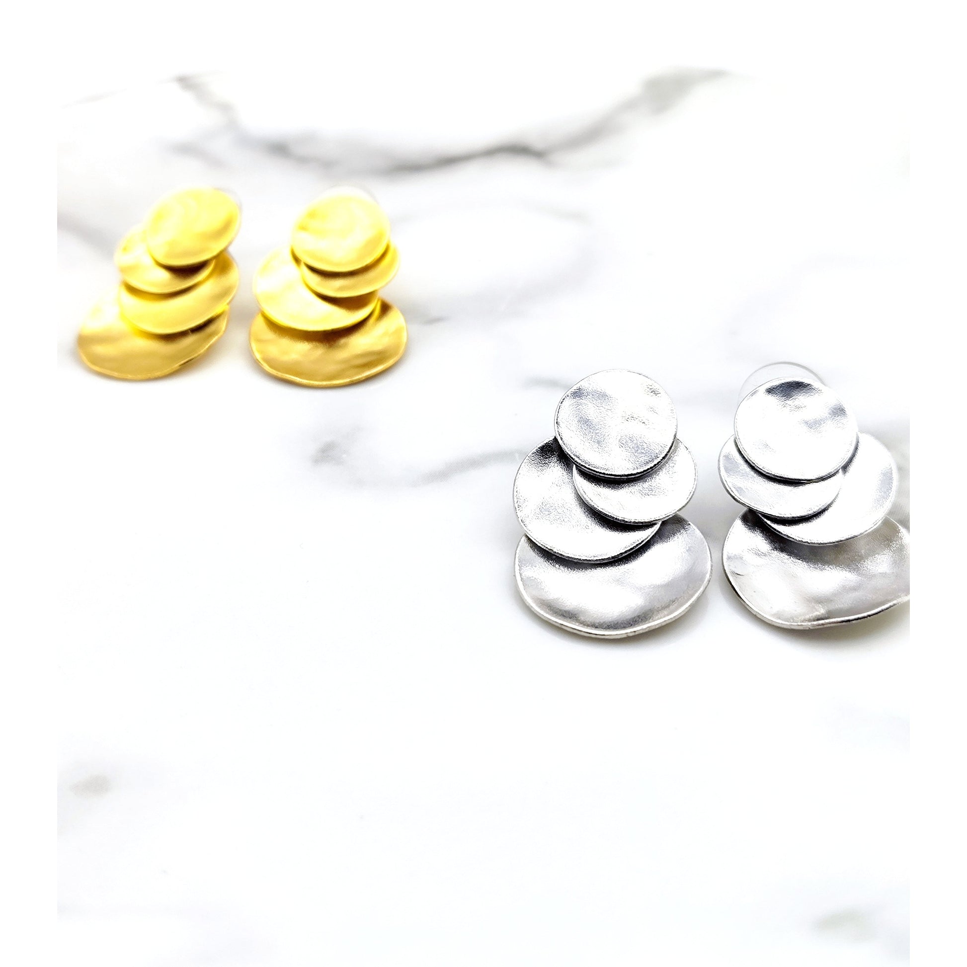 Ampelos earrings – Greek hammered jewelry in 18K gold plated, 18K silver plated, and rose gold plated. Handcrafted layered circular design inspired by the vine.