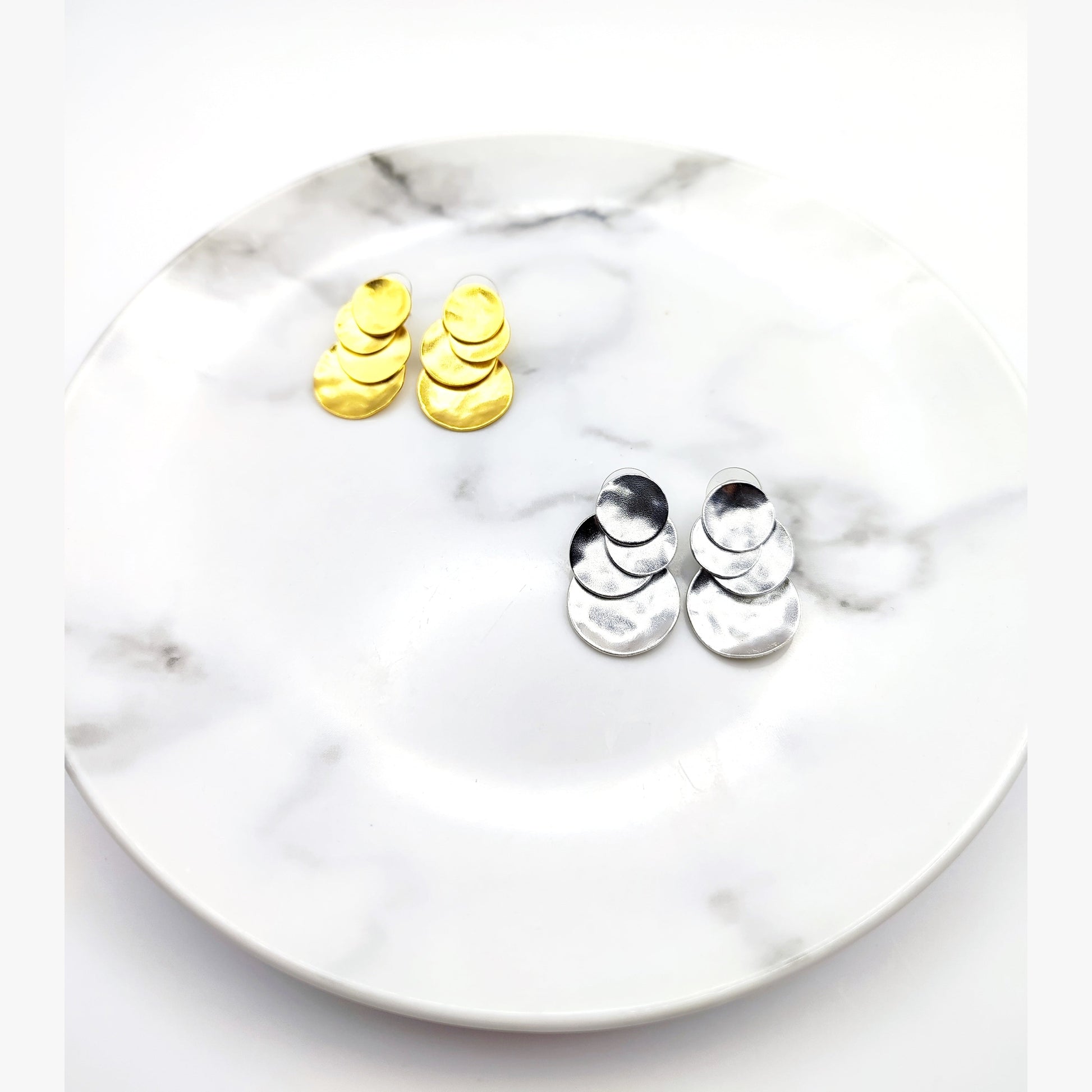 Ampelos earrings – Greek hammered jewelry in 18K gold plated, 18K silver plated, and rose gold plated. Handcrafted layered circular design inspired by the vine.