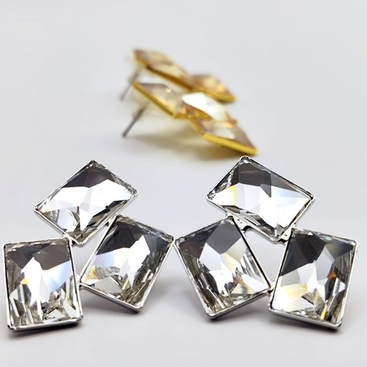 Crete Earrings with Crystal – Greek hammered jewelry in 18K gold plated, 18K silver plated, and rose gold plated. Handcrafted earrings with bold geometric faceted crystal design inspired by Minoan Crete.