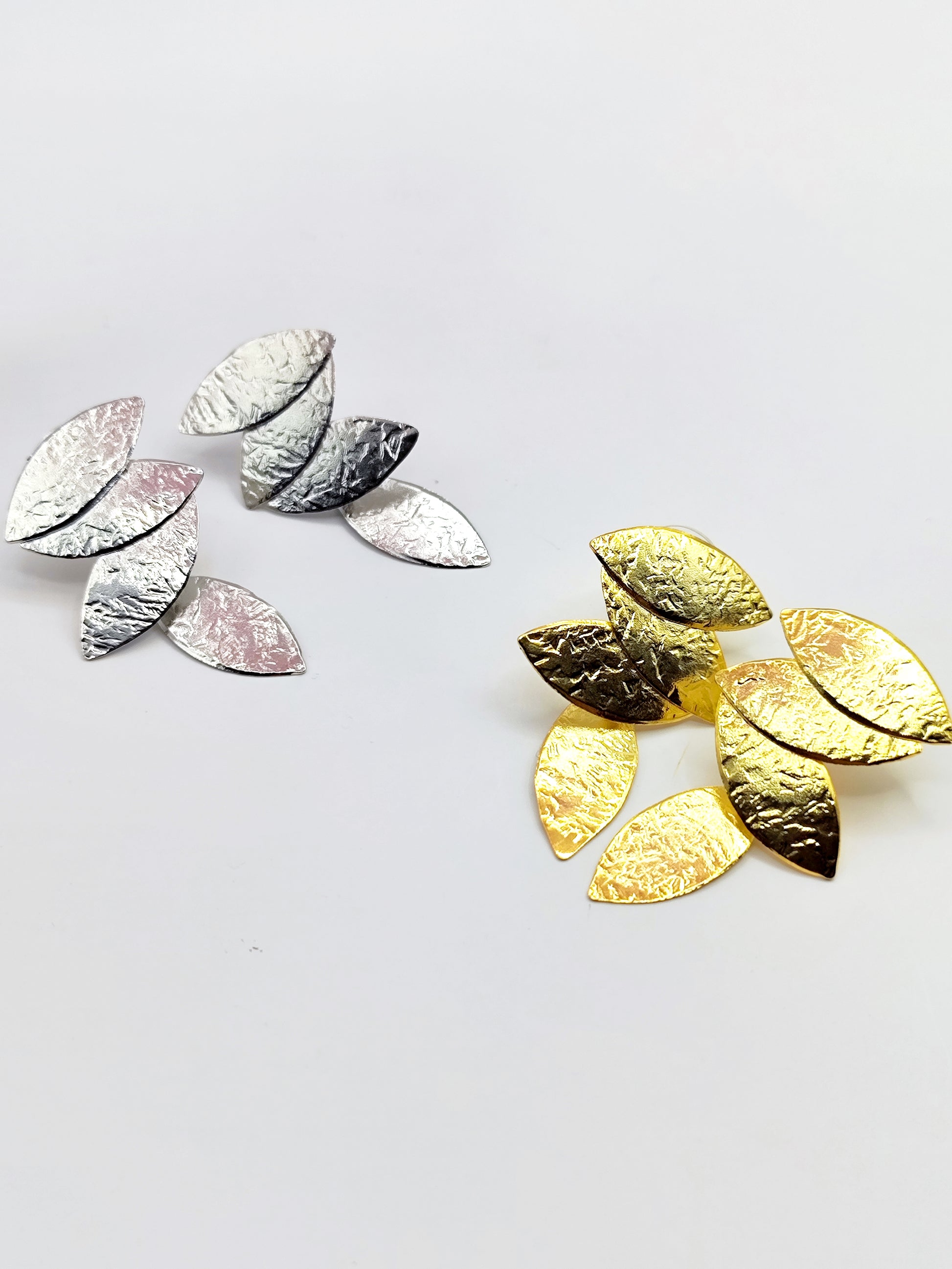 Daphne earrings, marquise hammered design, Greek hammered jewelry, handmade, available in 18K gold plated, silver plated, or rose gold plated