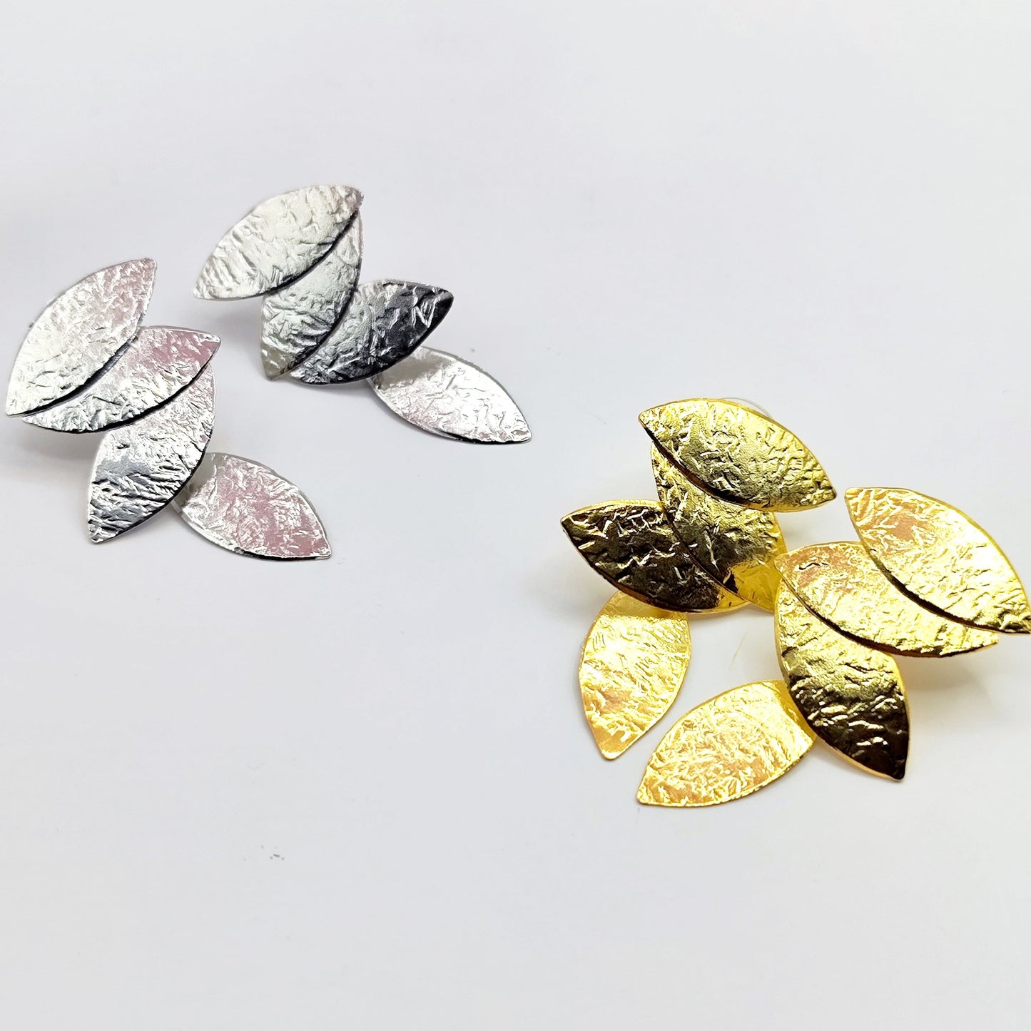 Daphne earrings, marquise hammered design, Greek hammered jewelry, handmade, available in 18K gold plated, silver plated, or rose gold plated