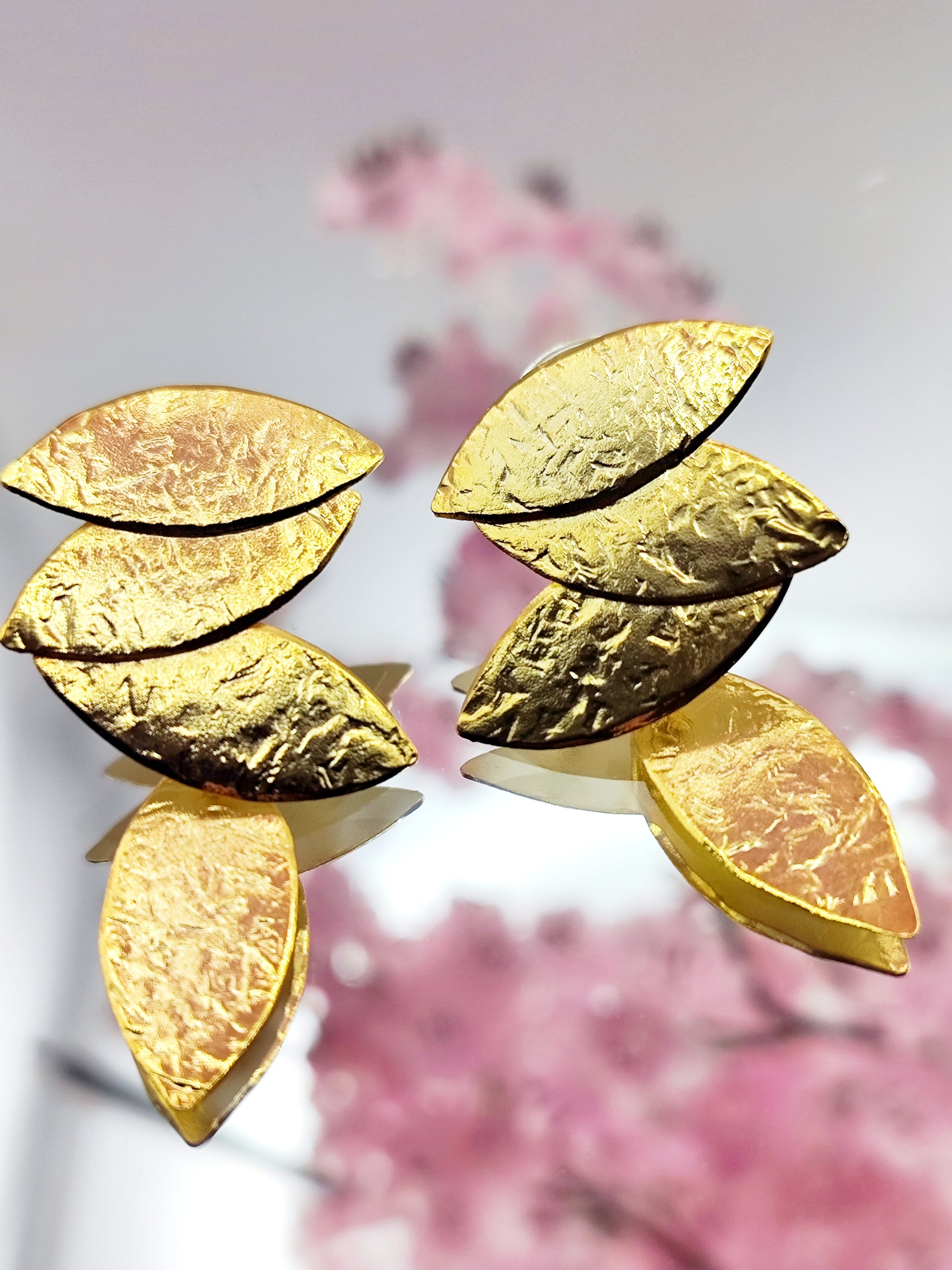 Daphne earrings, marquise hammered design, Greek hammered jewelry, handmade, available in 18K gold plated, silver plated, or rose gold plated