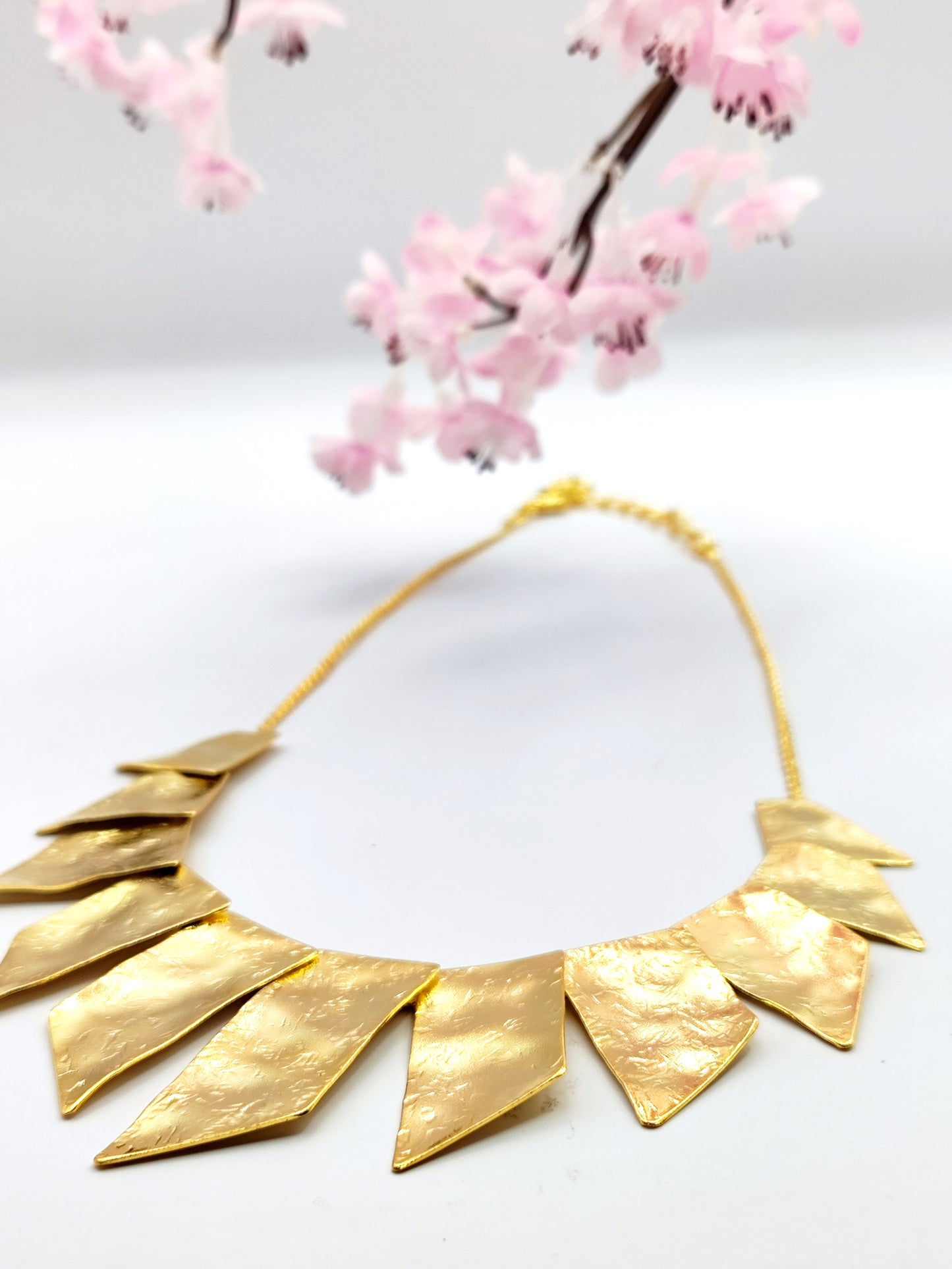 Kion Necklace – Greek Hammered Jewelry – 18K Gold, Silver, or Rose Gold Plated. Geometric statement necklace inspired by ancient Greek columns with hammered texture.