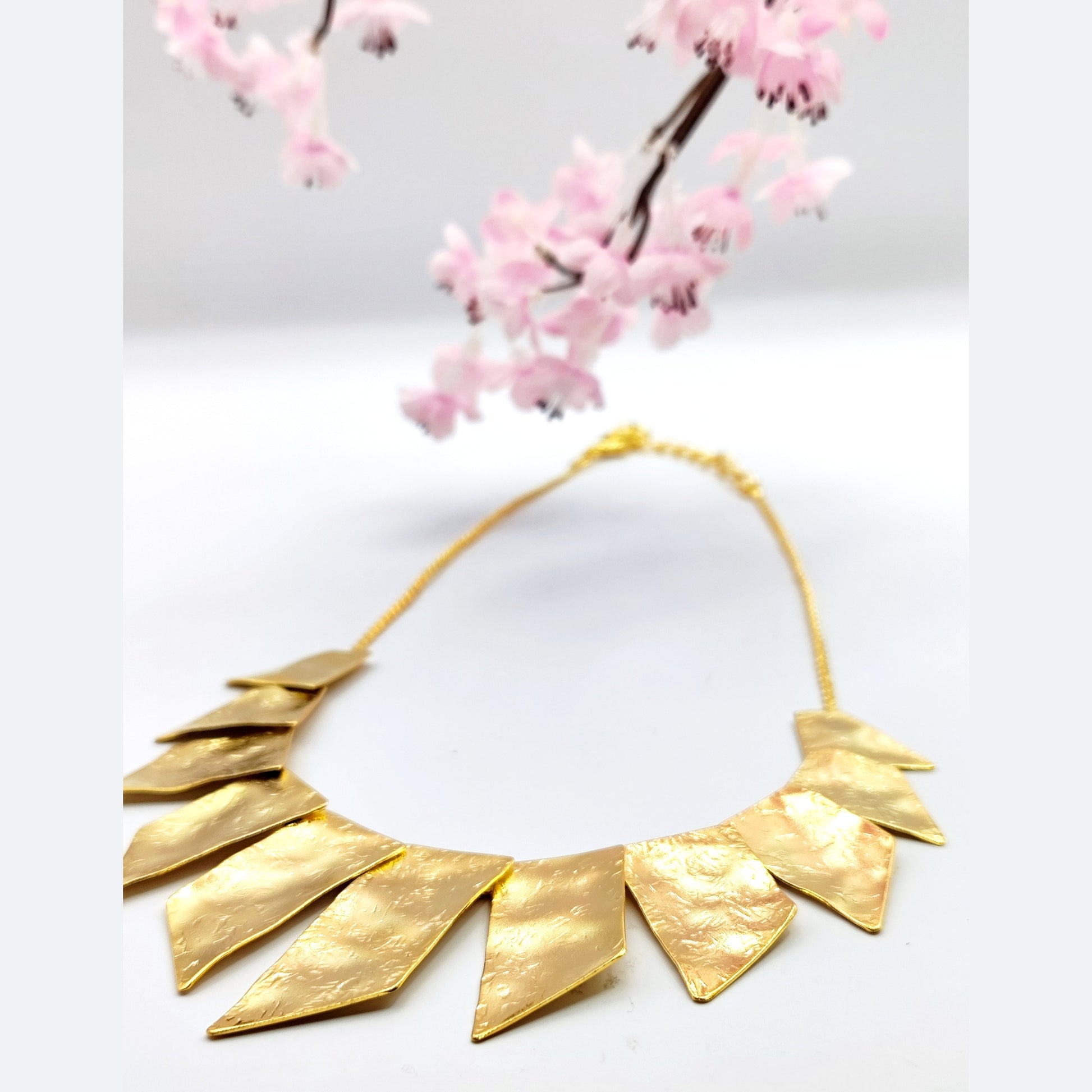 Kion Necklace – Greek Hammered Jewelry – 18K Gold, Silver, or Rose Gold Plated. Geometric statement necklace inspired by ancient Greek columns with hammered texture.