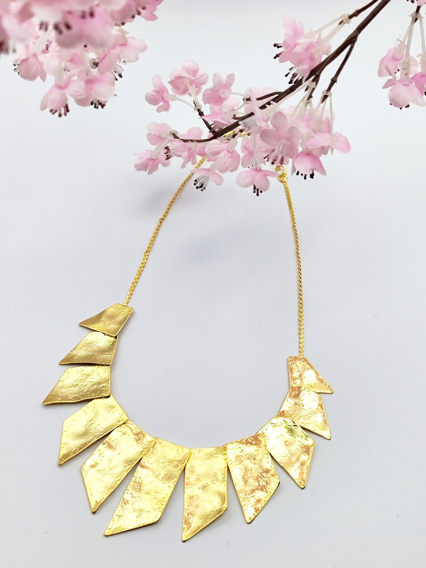 Kion Necklace – Greek Hammered Jewelry – 18K Gold, Silver, or Rose Gold Plated. Geometric statement necklace inspired by ancient Greek columns with hammered texture.