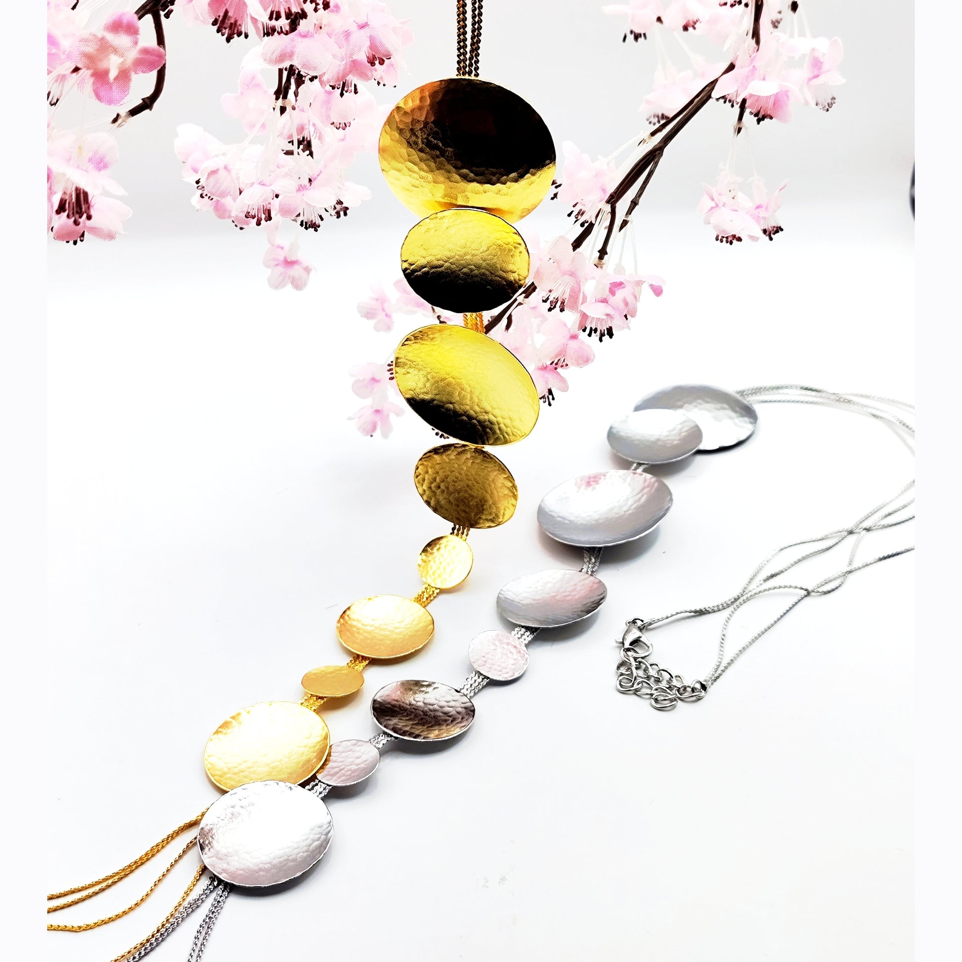 Rhea necklace – Greek hammered jewelry in 18K gold plated, 18K silver plated, and rose gold plated. Handcrafted necklace with hammered circular discs symbolizing the eternal cycle of life.