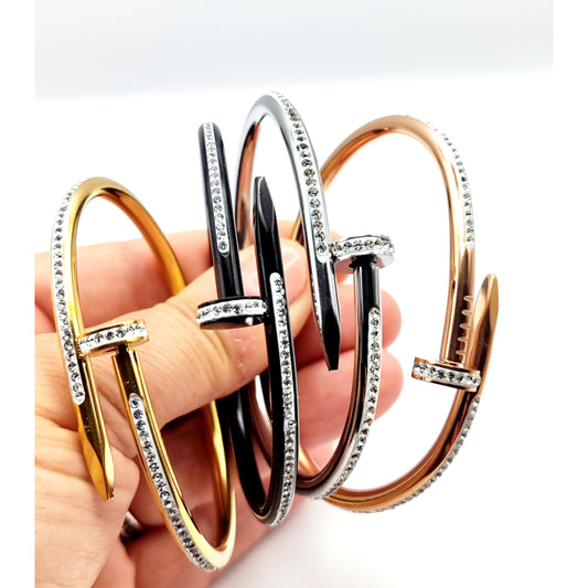 Unisex stainless steel nail design bracelet with crystals in gold, silver, rose gold – CF fashion